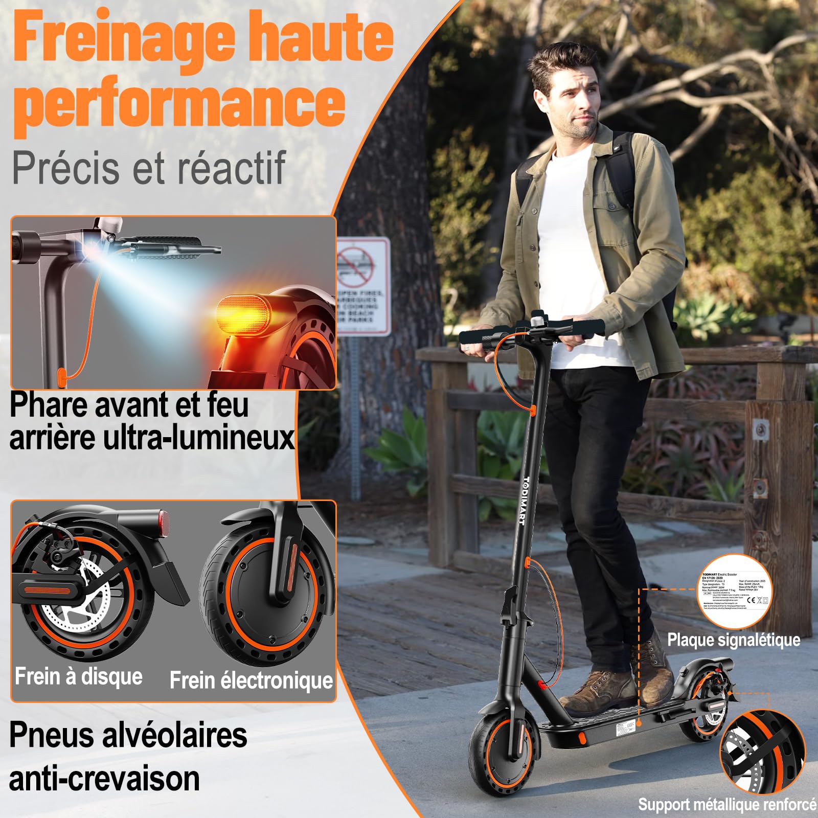 TODIMART T3 Trottinette Electrique Adulte Ultra Legere, Autonomie 30km Trotinette Électrique Pliable Moteur 350W Batterie 36V 7.8Ah, Pneus Nid D'abeille Increvables, Scooter Electrique Adulte