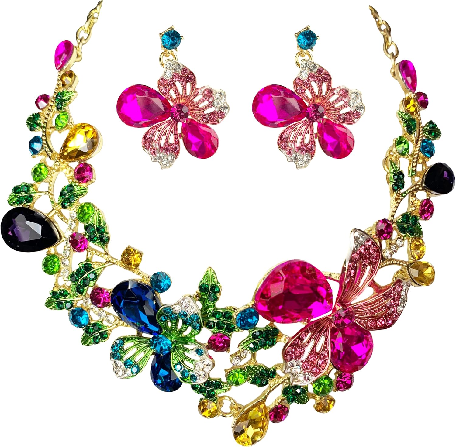 Crystal Flower Bib Statement Necklace Set Chunky Diamond Flower Statement Necklace & Earrings Drama Bib Collar Jewelry Set for Women Prom Party Jewelry
