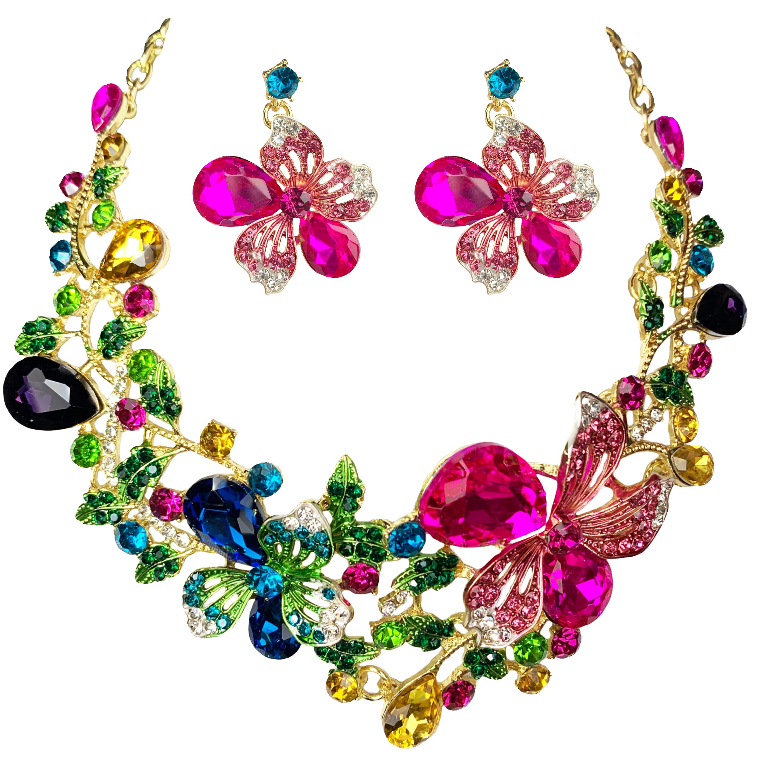 Crystal Flower Bib Statement Necklace Set Chunky Diamond Flower Necklace Earrings