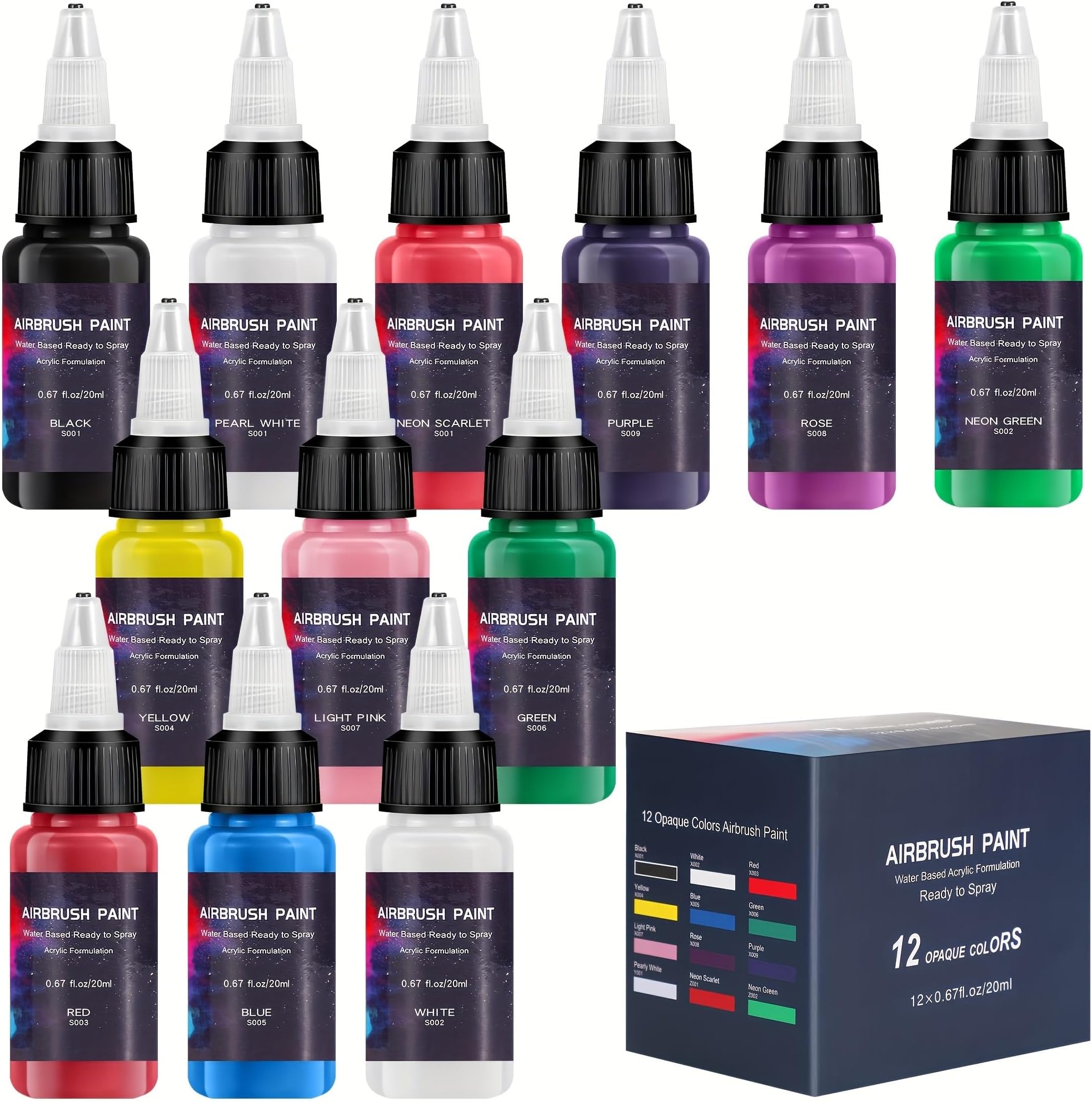 Airbrush Paint 12 Colors, Ready to Spray Airbrush Paint Set, Water-Based Acrylic Air brush Paints for Metal, Plastic Models, Canvas, Wood, 0.67 Fl Oz/20ml
