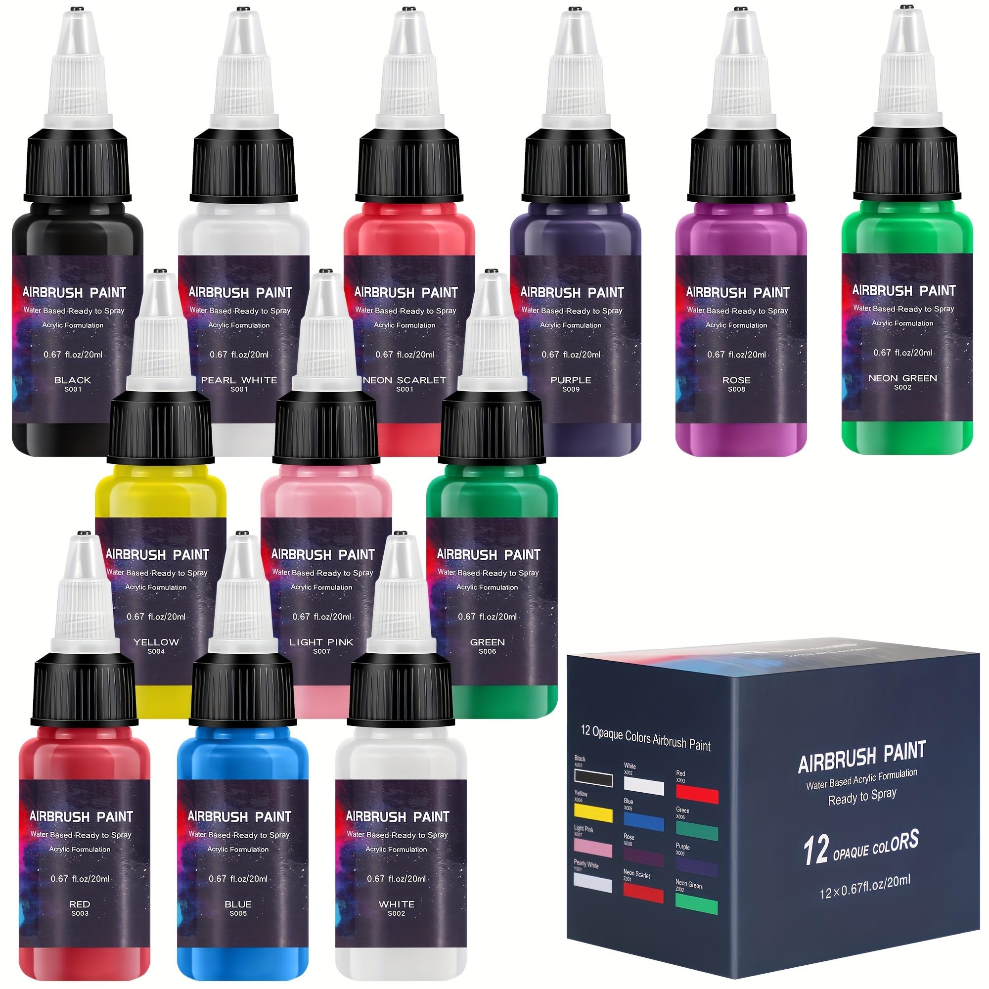 Airbrush Paint 12 Colors, Ready to Spray Airbrush Paint Set, Water-Based Acrylic Air Brush Paints for Metal, Plastic Models, Canvas, Wood, 0.67 Fl Oz/20ml