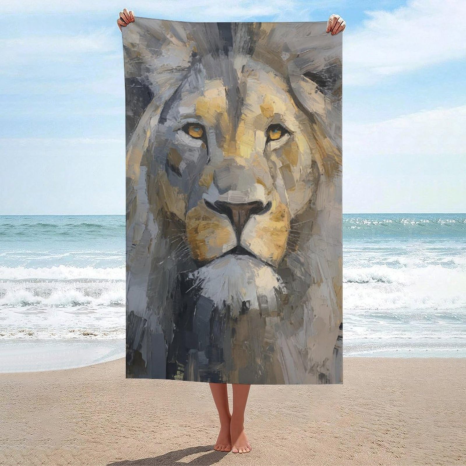 asbwuo Abstract Lion Expressionist Style Beach Towel