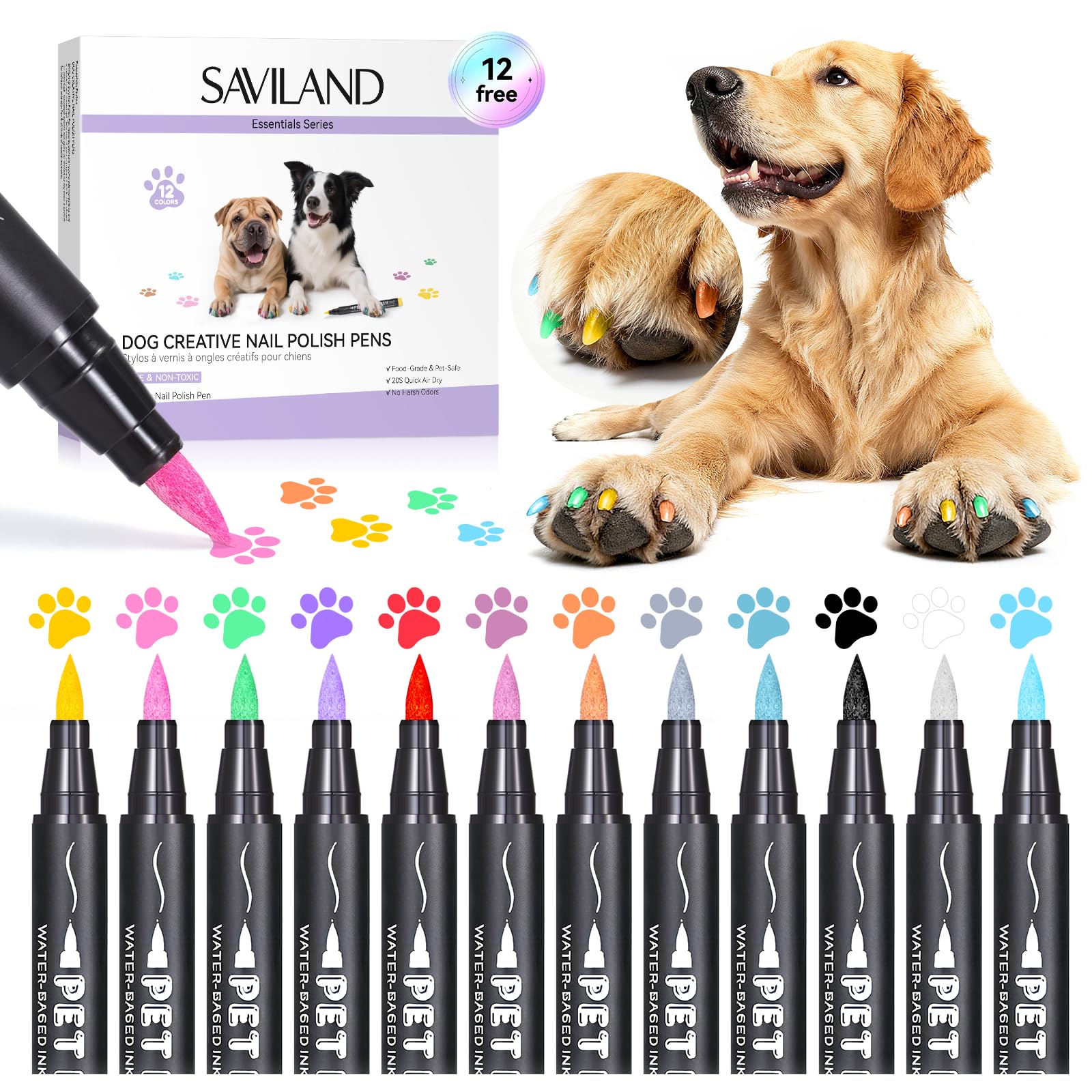 SAVILAND Essentials Dog Nail Polish Pens: Safe & Non-Toxic Dog Nail Art Pens 12 Colors Quick Dry Dog Safe Nail Polish Pens Easy to Apply Nail Art Polish Claw Care Set DIY Puppy Nails Home Use