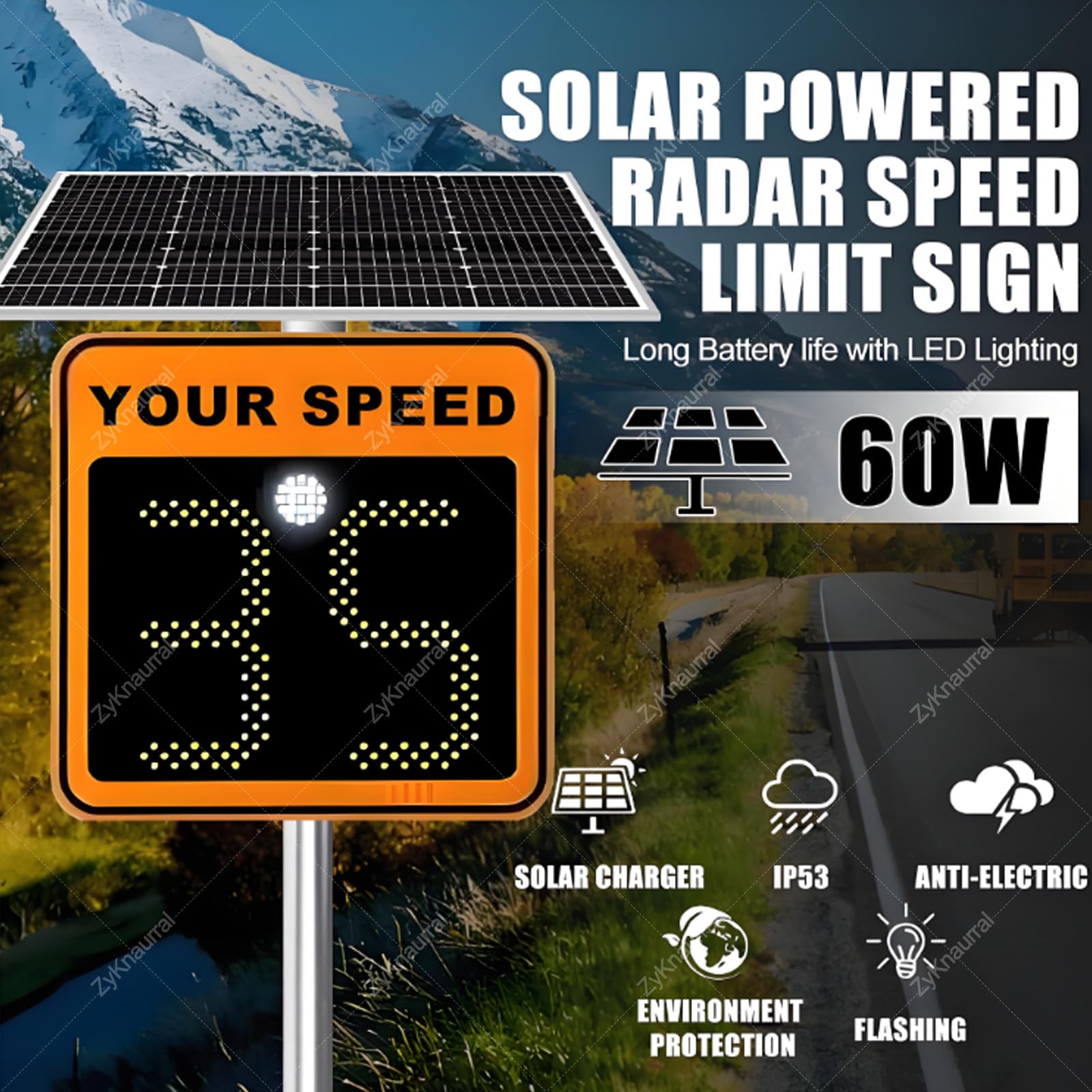 Señal de retroalimentación de radar de 24 x 24 pulgadas, señal LED de límite de velocidad de radar, señal LED de advertencia de velocidad, límite de velocidad ajustable, naranja
