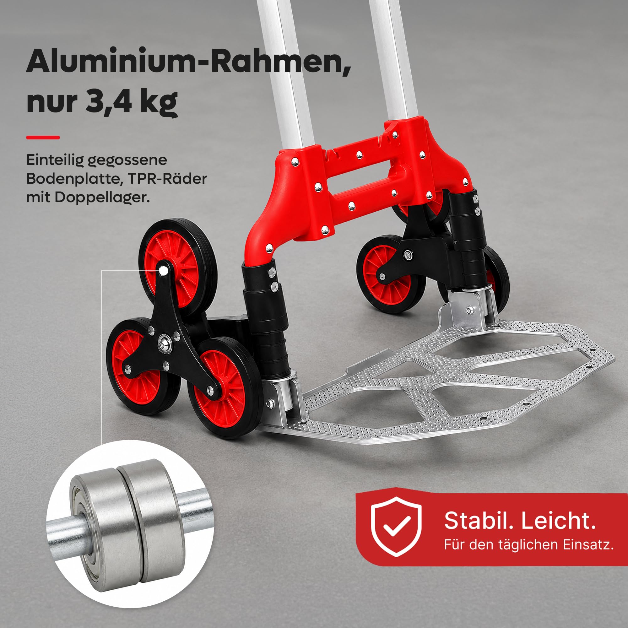 Allyson® Treppensteiger Sackkarre klappbar 6-Rad, bis 80kg (eben), Rot | Auf Treppen bis 30 kg belastbar, mit Vollgummireifen, inkl. Spanngurte & Sicherheitshandschuhe, Aluminiumrahmen, kompakt