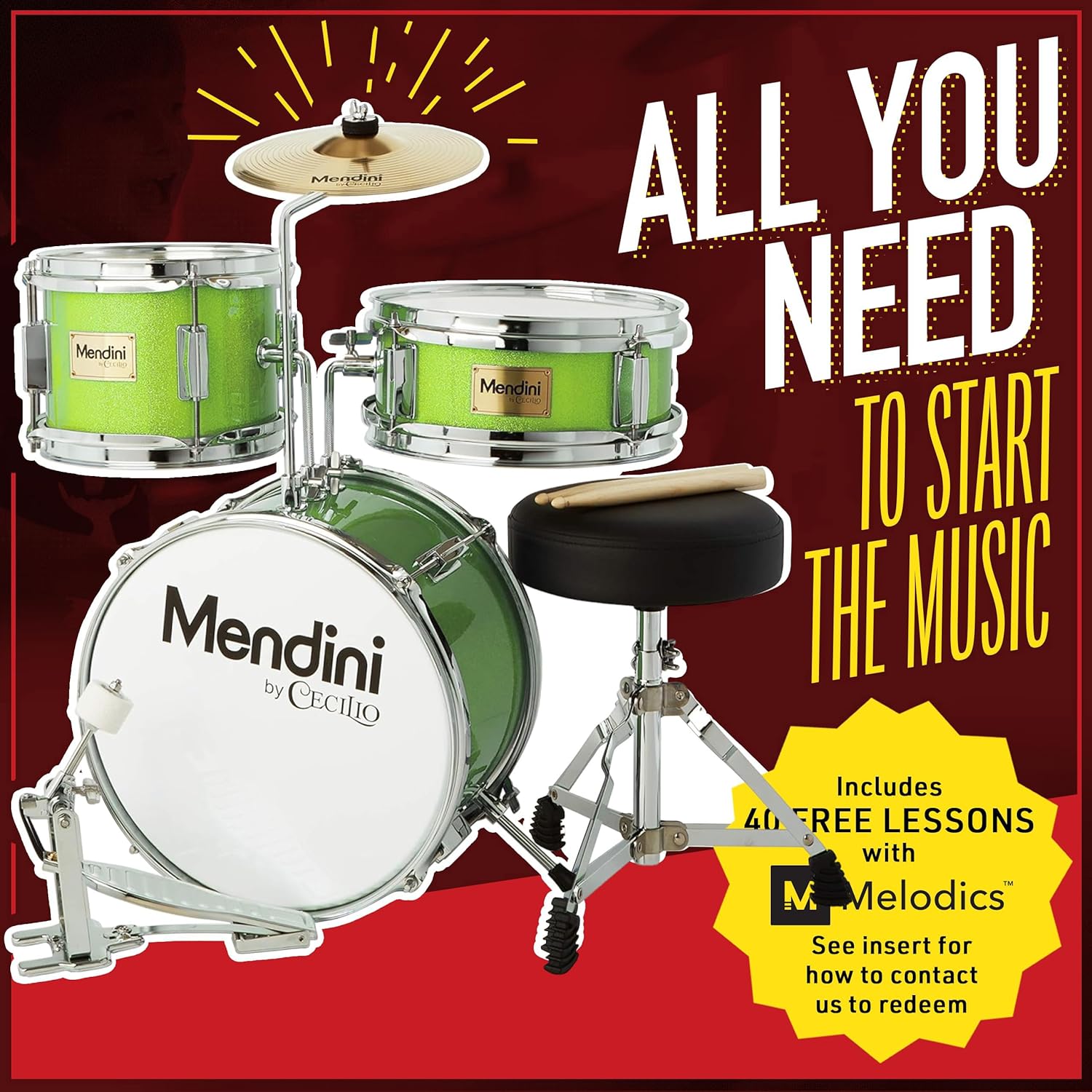 Mendini By Cecilio Drum Set, 3 Piece Junior Drum Set for Beginners with Bass Tom Snare Drum, 13 inch Drum Kit with Snare, Cymbal, Drumsticks, Adjustable Seat (Metallic Green)