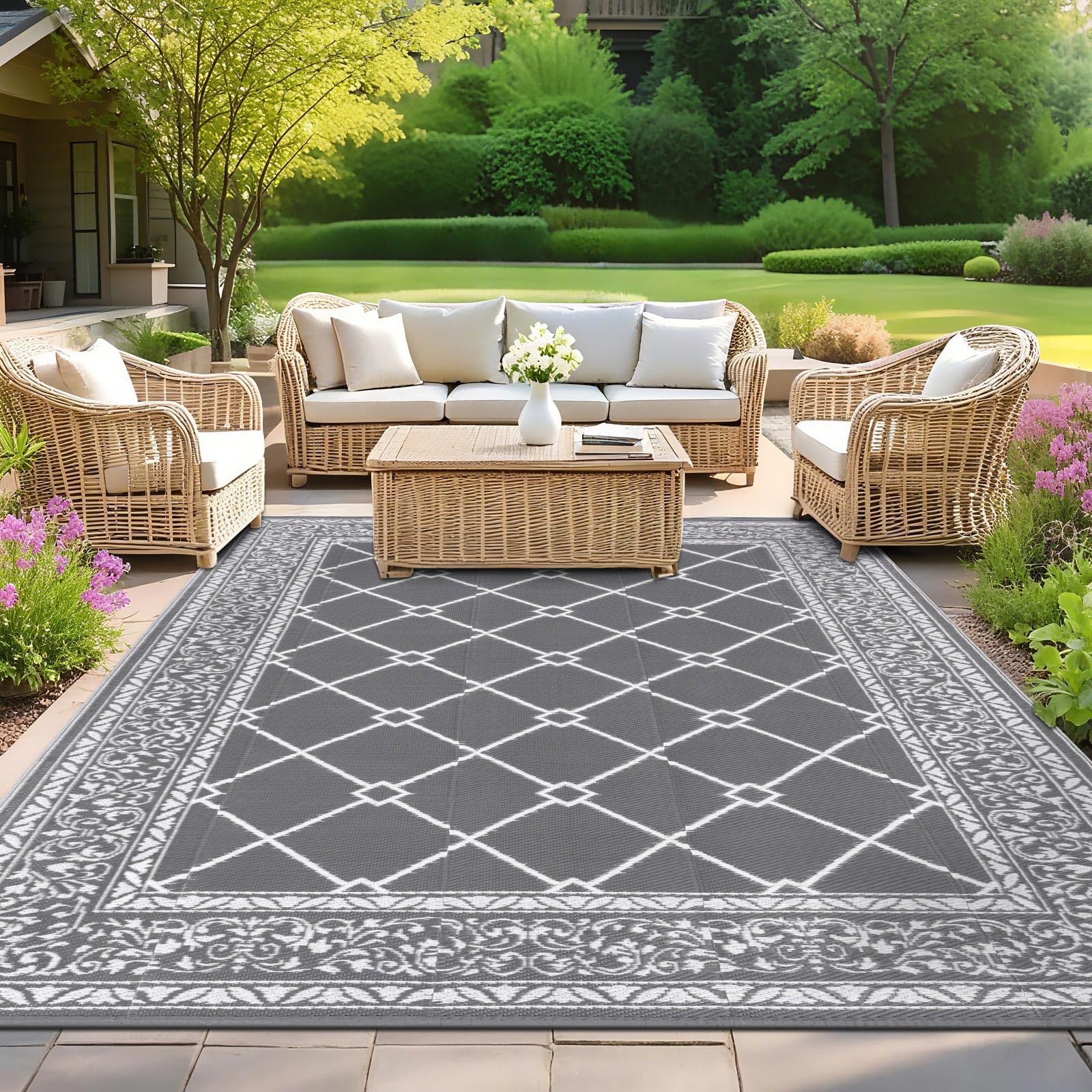 SHACOS Tappeto Esterno Interno Grigio 180x270cm Tappeto da Terrazzo Reversibile Tappeti Giardino in Plastica Tappetino Campeggio Pieghevole Portatile Tappeto Tessitura Piatta per Terrazza Picnic
