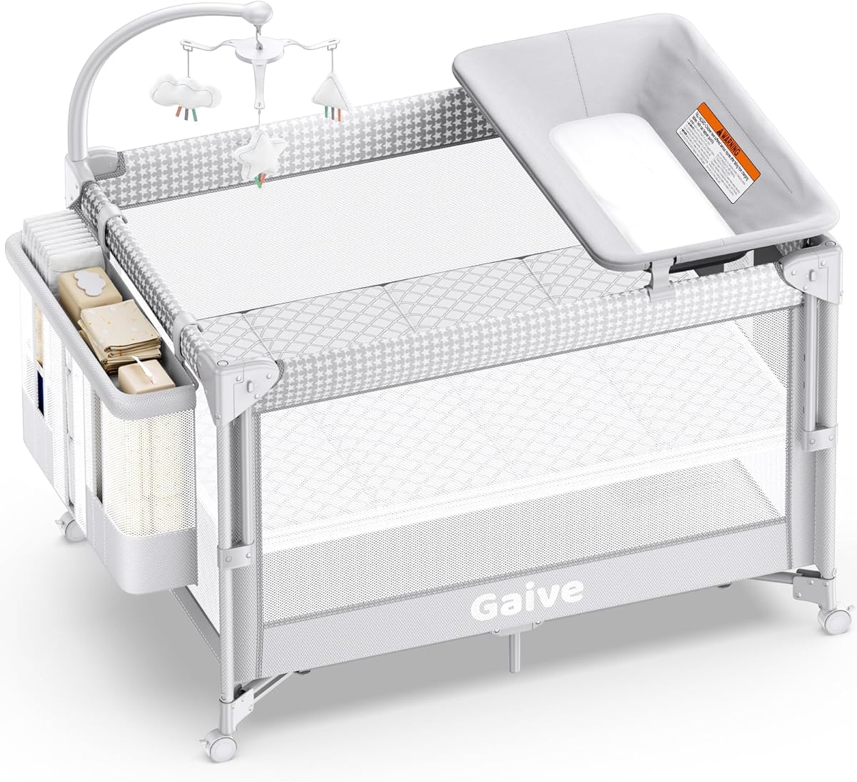 4 in 1 Baby Bassinet, One-Push Setup Pack and Play, Bedside Crib Sleeper with 3 Height Adjustable，Diaper Changer, Come with Comfy Mattress, Rotating Toy Bar, from Infants to Toddlers (Grey)