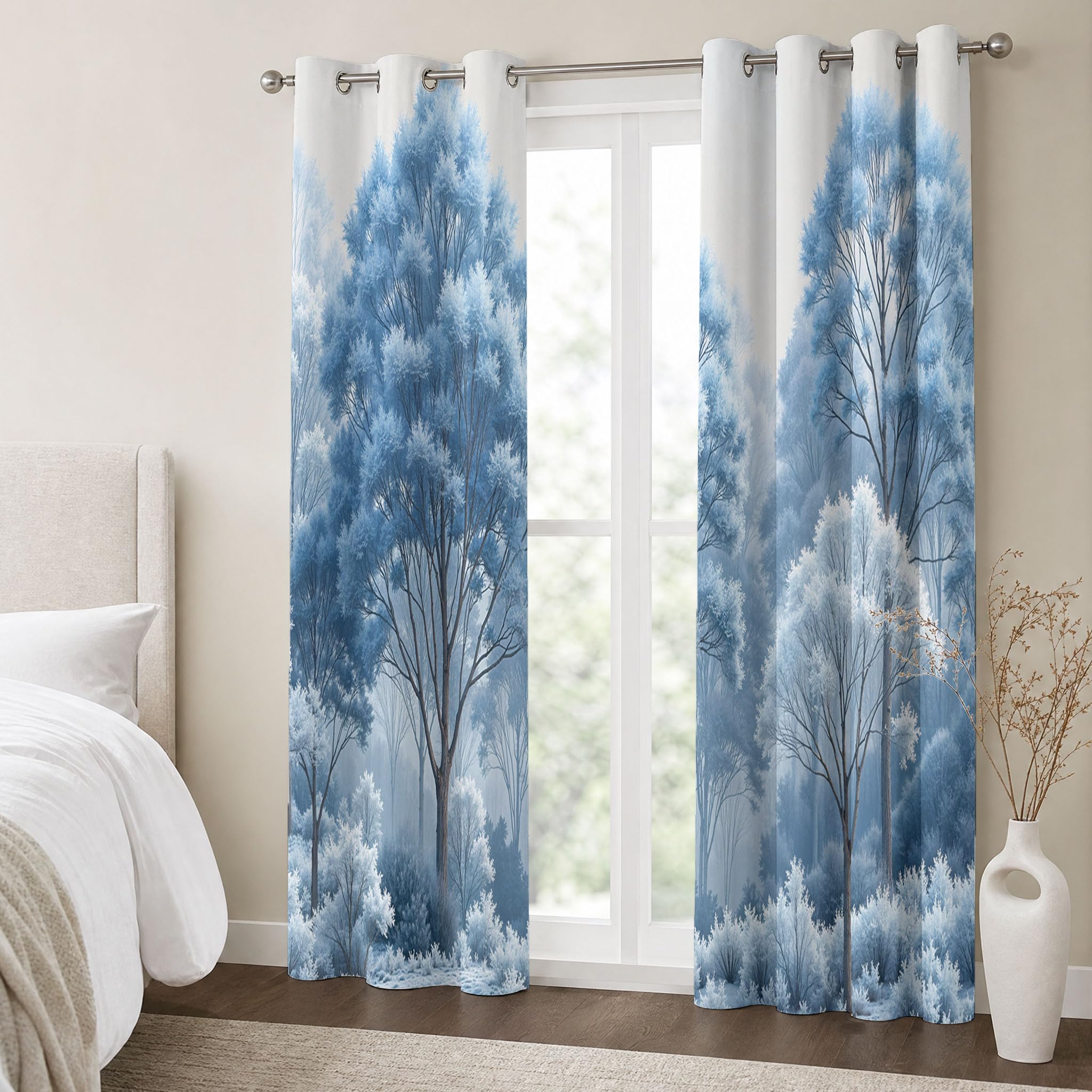 Pflanzenwald Vorhänge, Aquarellpflanzen Vorhang Blickdicht Thermo Verdunkelungsvorhänge Mit Ösen - Blau Gardinen Wohnzimmer Schlafzimmer Fenster - H175 x B140 cm (2er Pack)