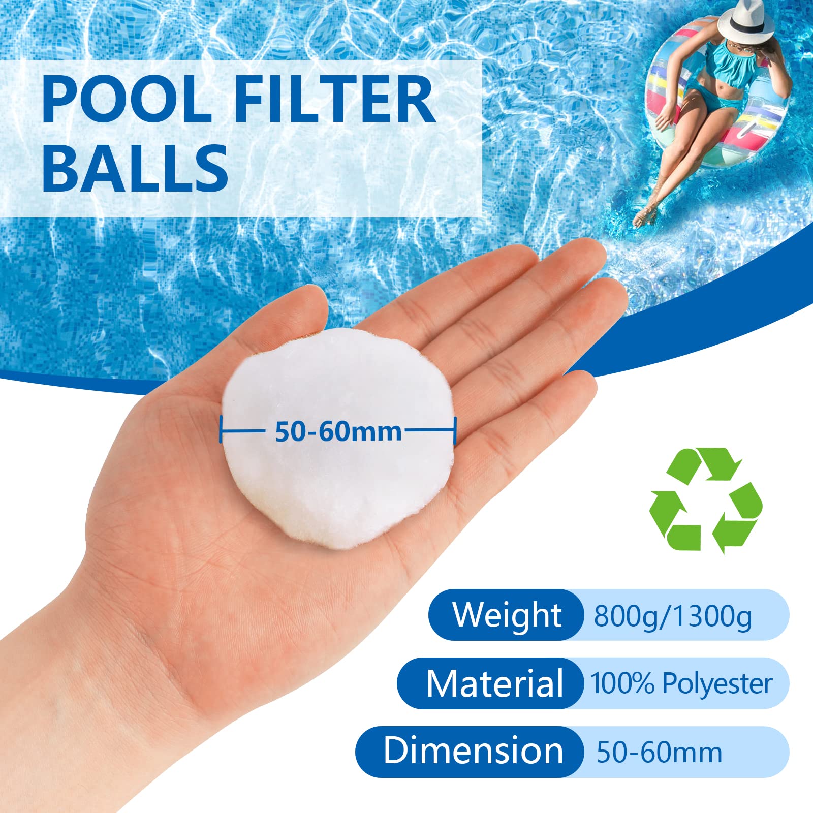Bolas Filtro Piscina, 800g Bolas Depuradora Piscina para Sistemas de Filtro Reemplazar 29kg Filtro de Arena, Adecuadas para depuradora Piscina, Piscinas y acuarios