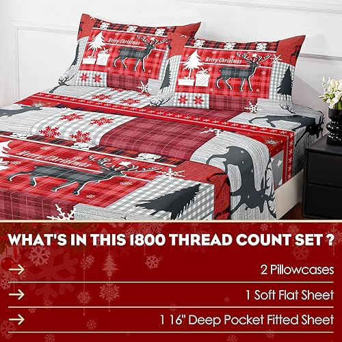 Miniatura 6 de Sábanas de Navidad tamaño Queen  Buffalo Plaid  Lujoso juego de sábanas de microfibra cepillada 1800  Sábanas transpirables para cama tamaño Queen
