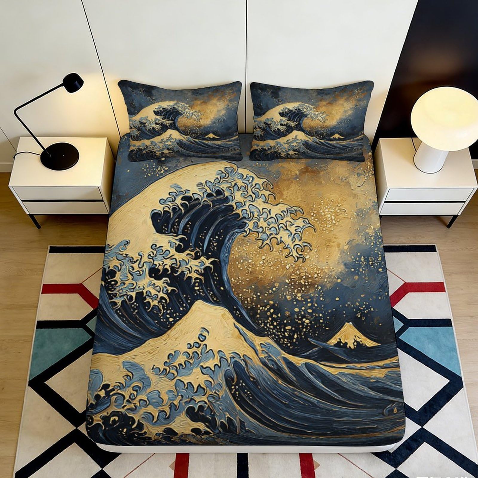 Pnayamiorkfel Style-7 3D Printed Great Wave Fitted Sheet Microfiber Artistic Ocean Night Bed Cover For Bedroom Guest Room Mattress Decor 90X200x25cm