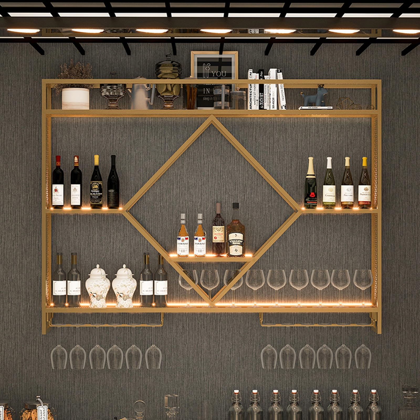 Casier à vin mural en métal avec LED 3 niveaux pour bouteilles