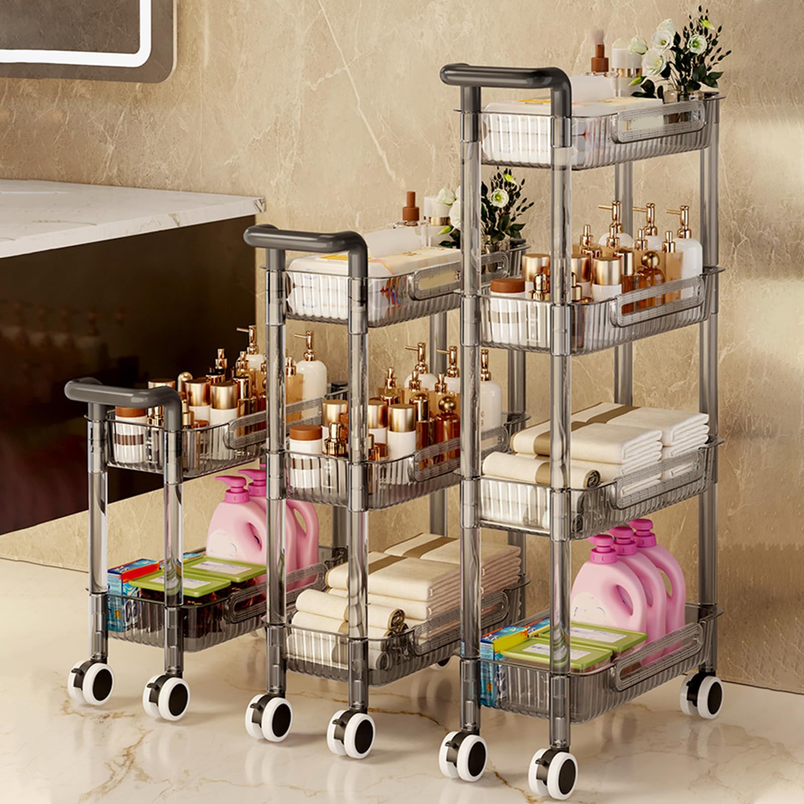 Carrello Portaoggetti Sottile, Carrello Multiuso in Acrilico per Bagno da Cucina con Scaffalatura Mobile Multifunzione con Maniglia,Grigio,3 Tier