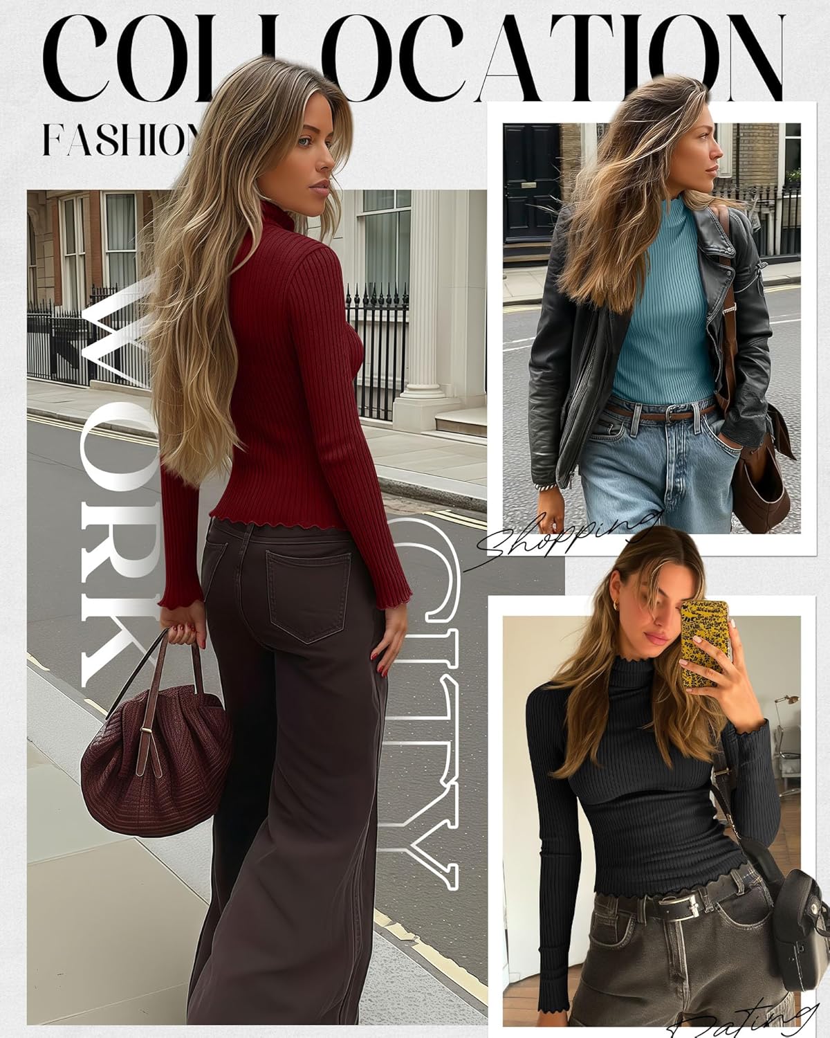 3 Pack Women's Turtleneck Cotton Shirts, Long Sleeve Ribbed Lettuce Trim Mock Neck Slim Fit Tops Soft Base Layer - Image 4