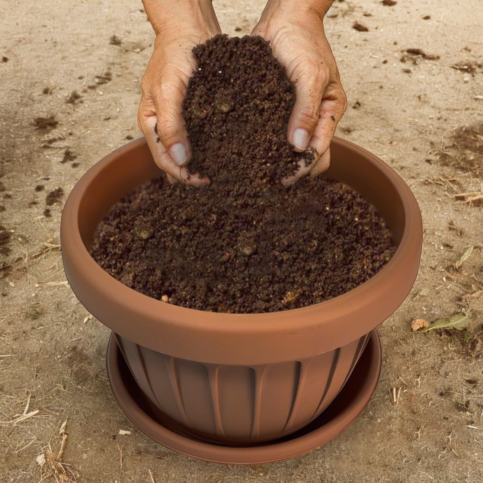 bama Vaso Terra Tondo 70 cm per Fiori Piante con Sottovaso 122 Litri Plastica Color Terracotta, con Fori di Drenaggio, Resistente agli UV, Made in Italy