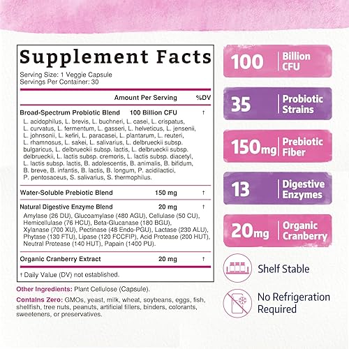 Miniatura 2 de Bonawell Probióticos para mujeres 100B, con prebióticos, enzimas digestivas y arándano orgánico para la salud vaginal femenina, digestión e