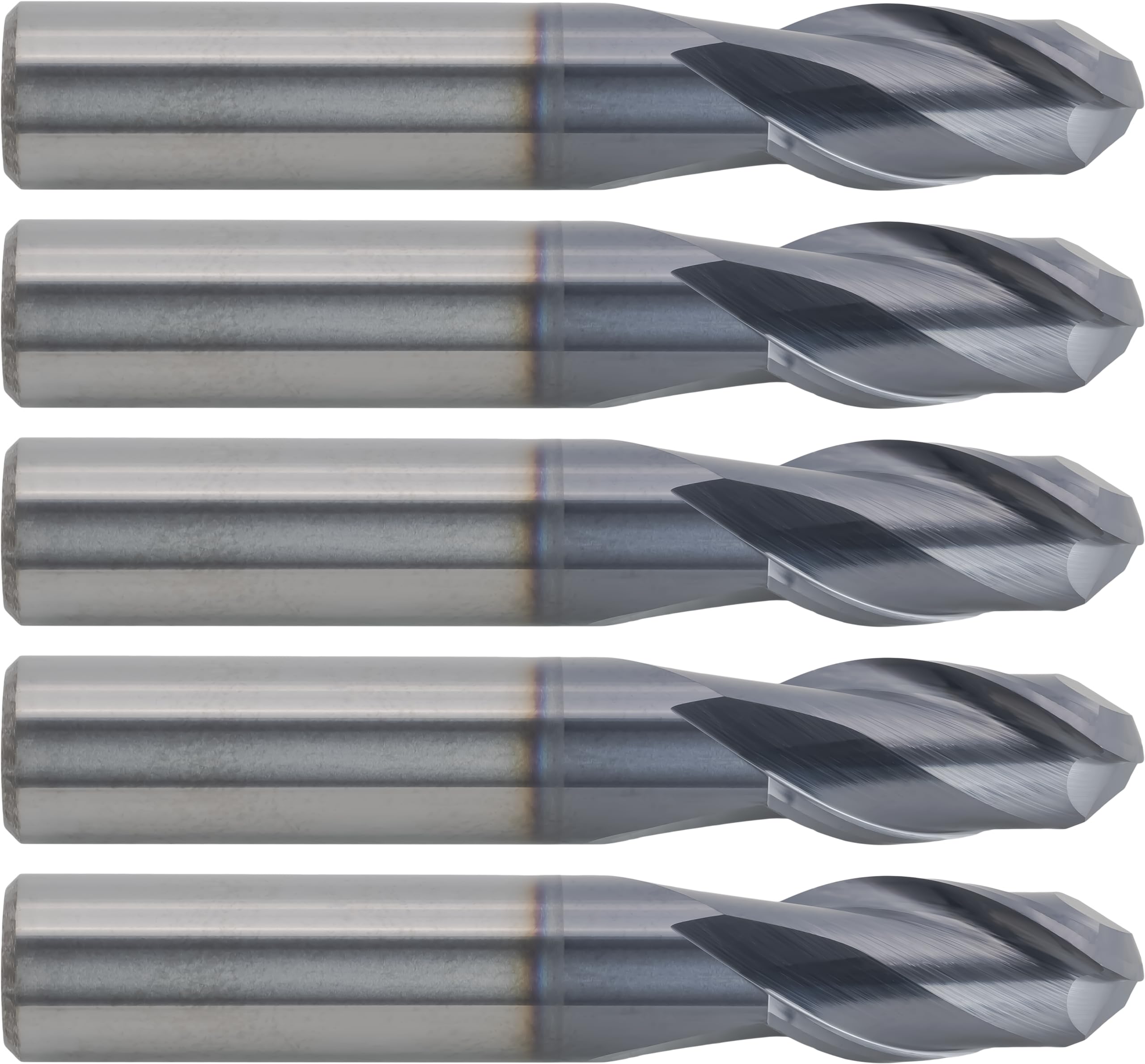 5 pcs Solid Carbide End Mills, Ball Nose, TiAlN Coated, 1/2
