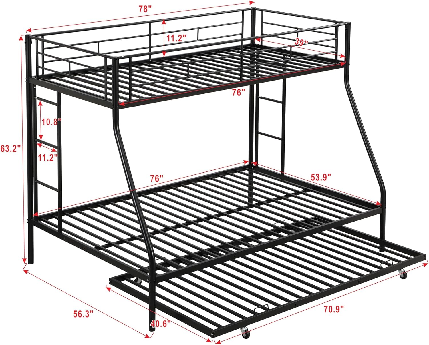 Merax Metal Bunk Bed with Twin Trundle, Twin Over Full Bunk Bed with Safety Guard Rails and Two-Side Ladders, No Box Spring Required, Black