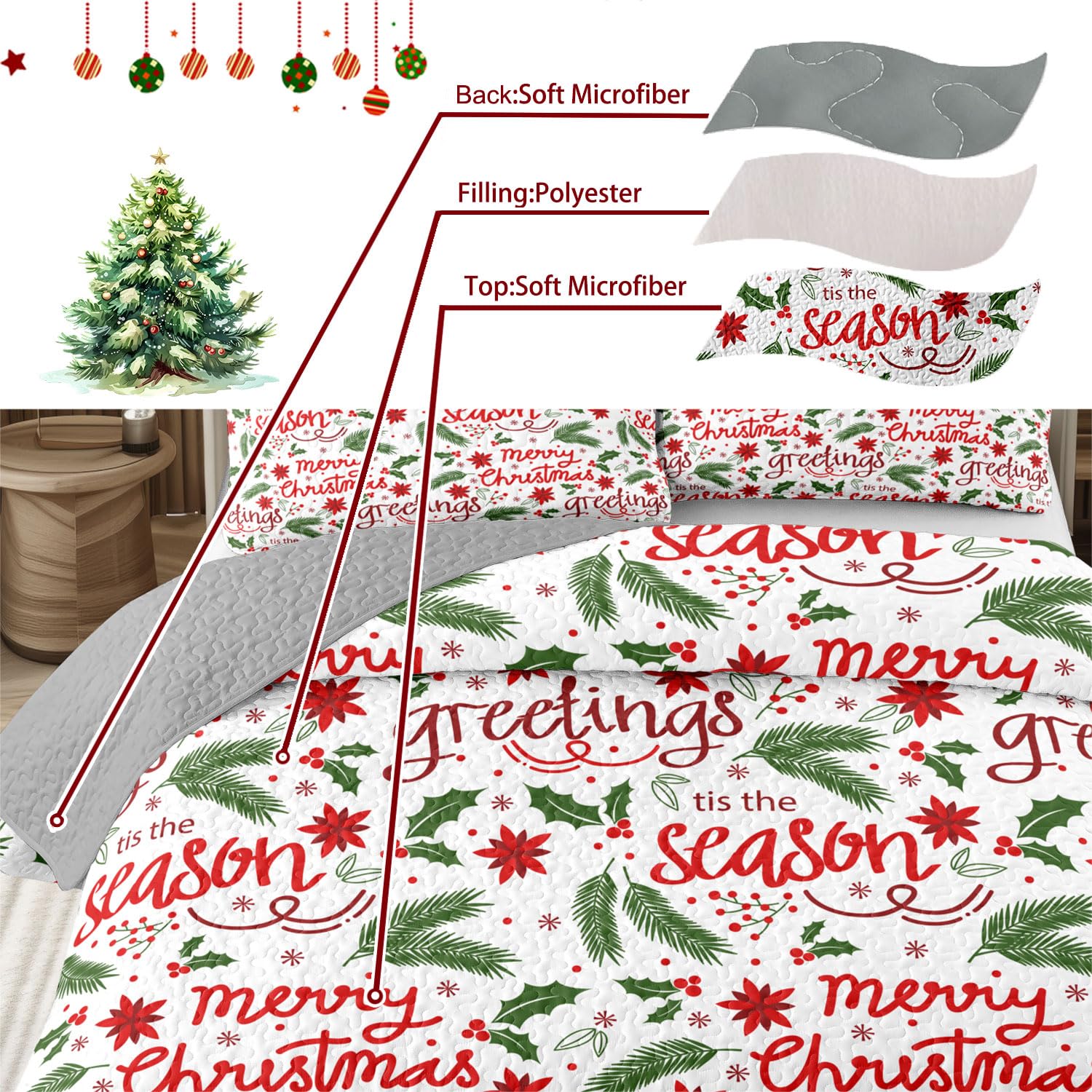 Leaves Berry Weihnachts-Steppdecken-Set für King-Size-Bett, 3-teilig, leichte Bettdecke mit Kissenbezügen für alle Jahreszeiten (Blätter, Kingsize-Bett (228,6 x 264,2 cm)