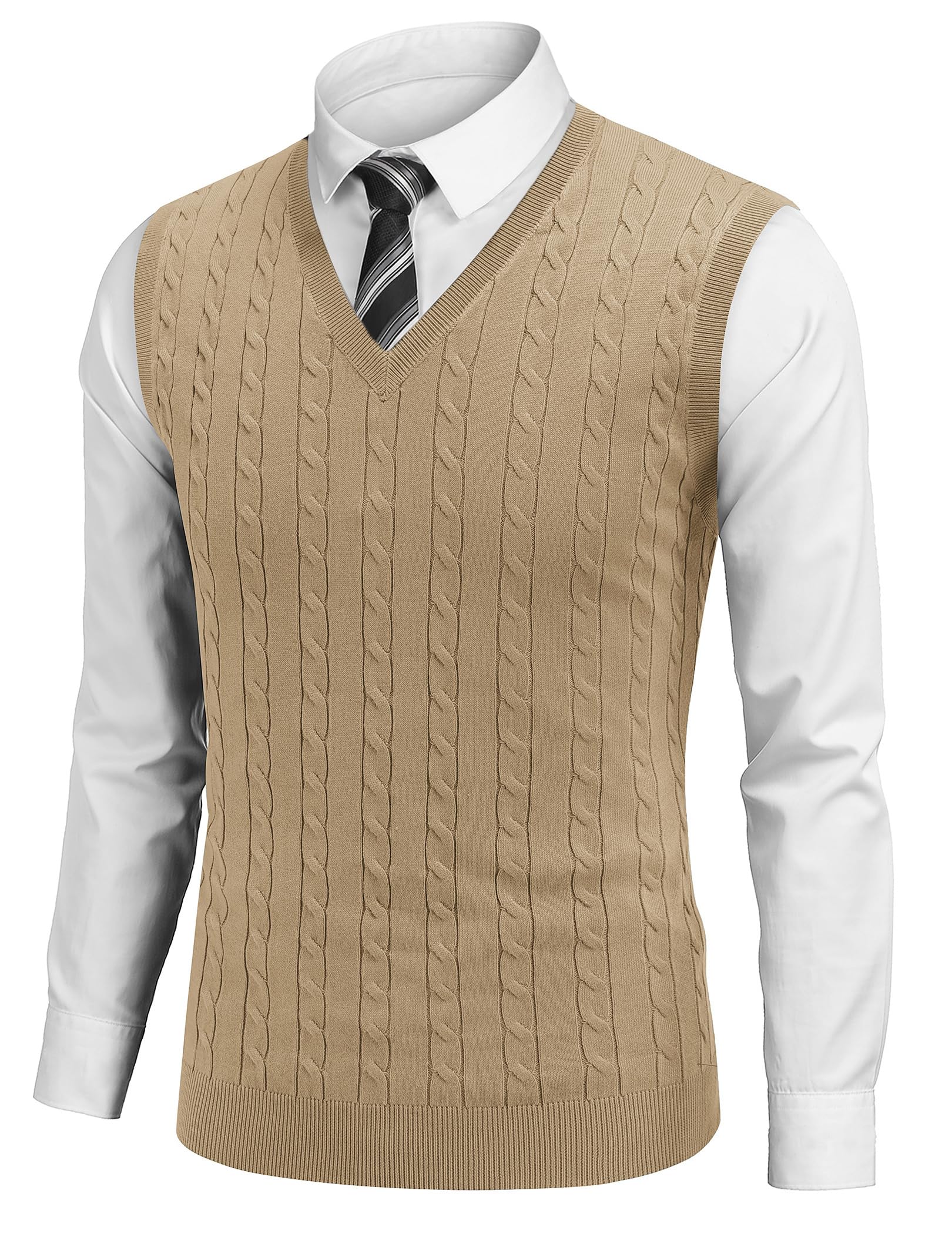 COOFANDY Men's Sweater Vest Cable Knitted V Neck Slim Fit Sleeveless Pullover Sweater