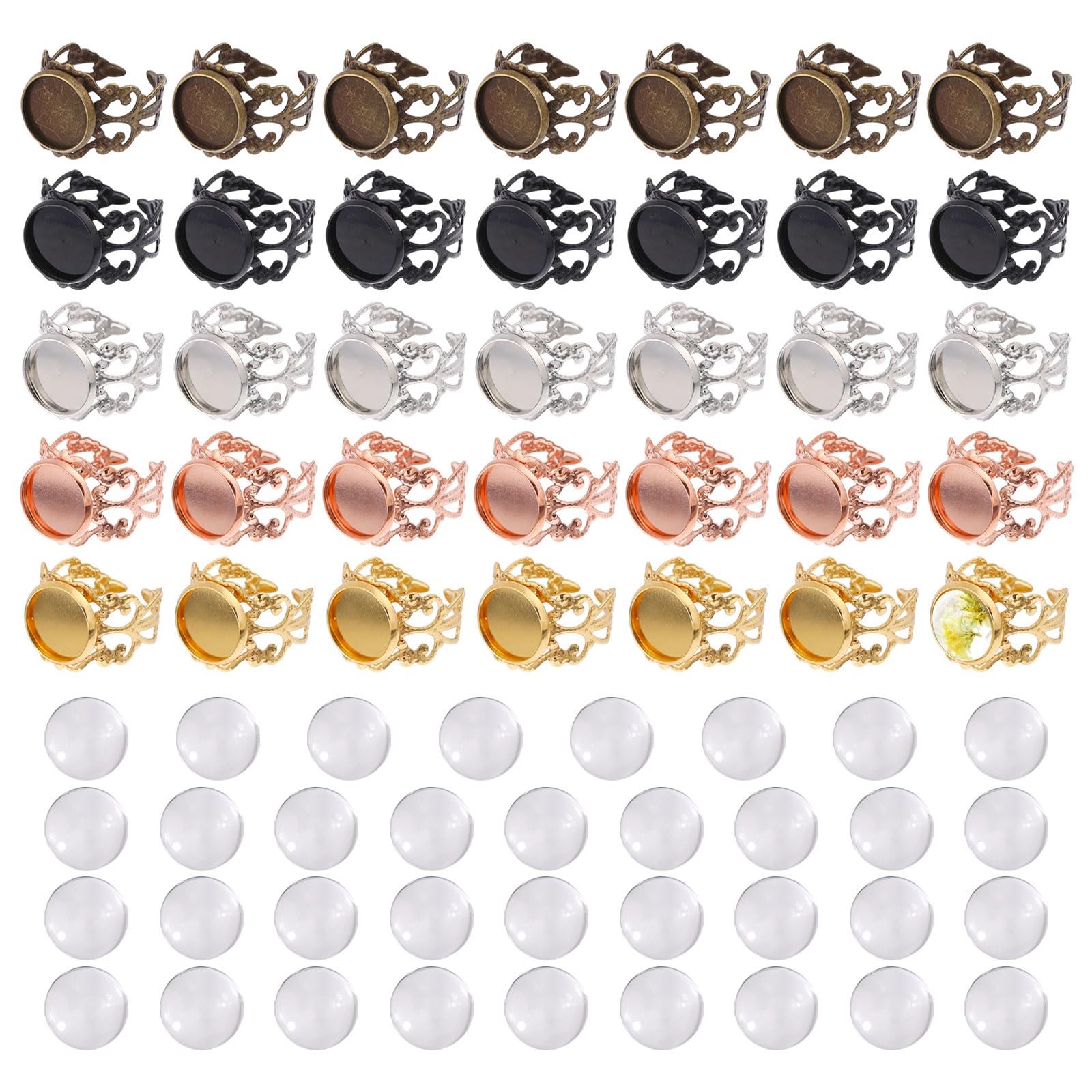 35 unidades de base de anillo de metal ajustable en 5 colores, kit de construcción de anillo de dedo, cabujón, base vacía, almohadilla plana con 35 cabujones de cristal para la fabricación