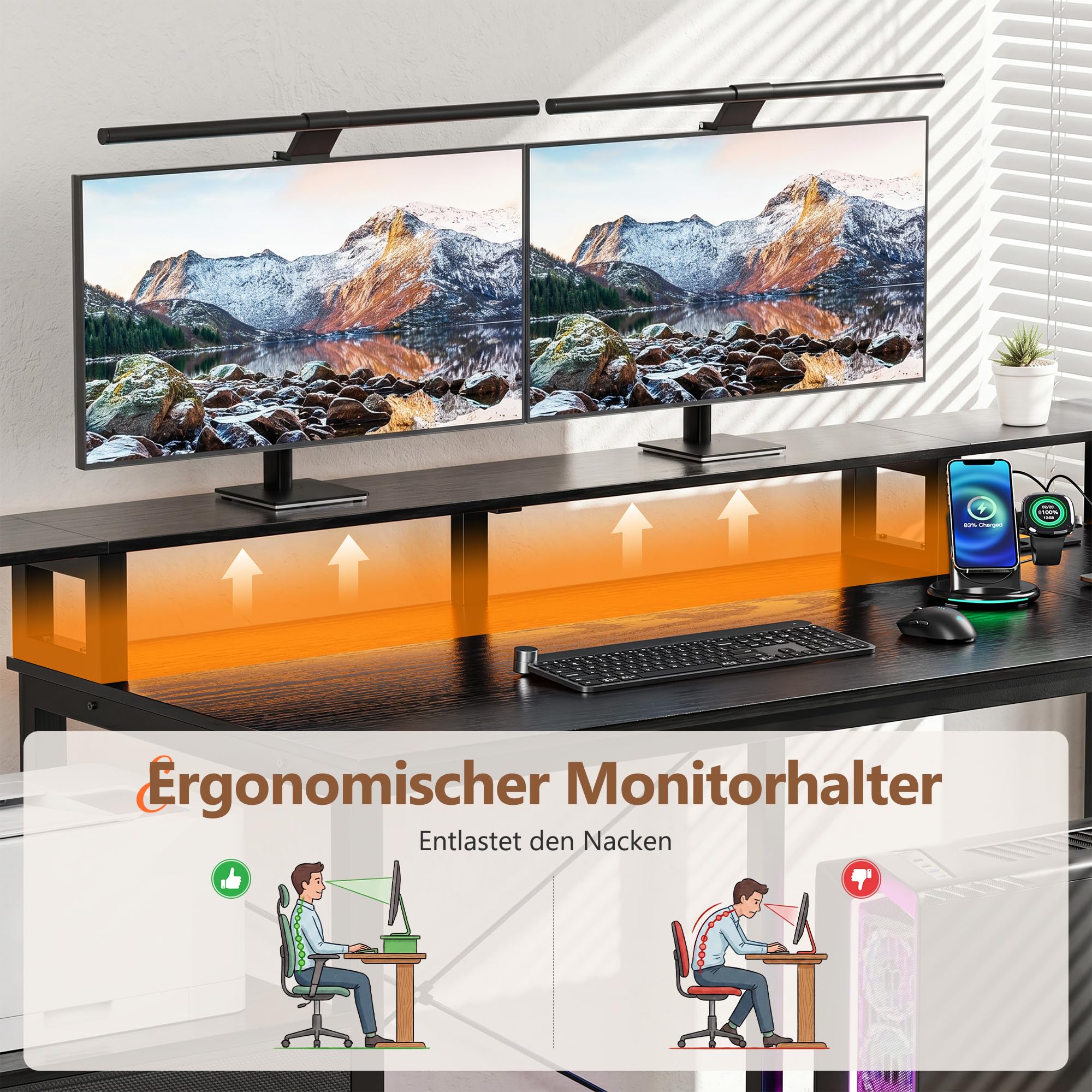 YOUDENOVA Schreibtisch L Form mit Schubladen, 150x80cm Eckschreibtisch mit LED & Steckdose & USB, Reversibel Gaming Tisch mit Monitorständer, Stauraum, Computertisch für Homeoffice & Gaming, Schwarz