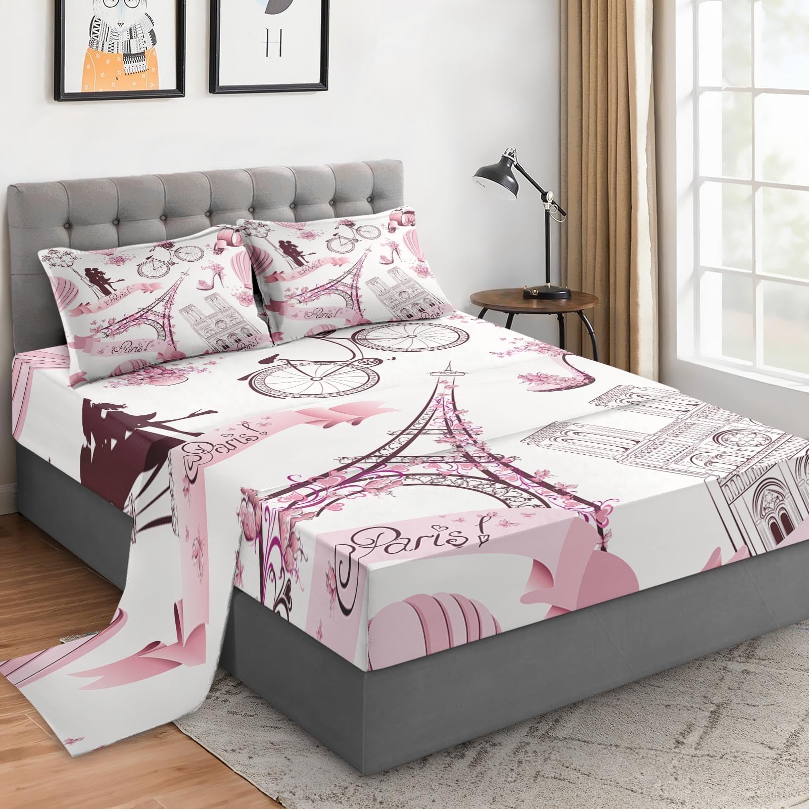 WeCozy Full Size 4 Pcs Bed Fitted Sheet Set with 14" Deep Pocket, Paris Eiffel Tower Love Flat Sheet Set for Kids and Adults, Romantic French Bedding