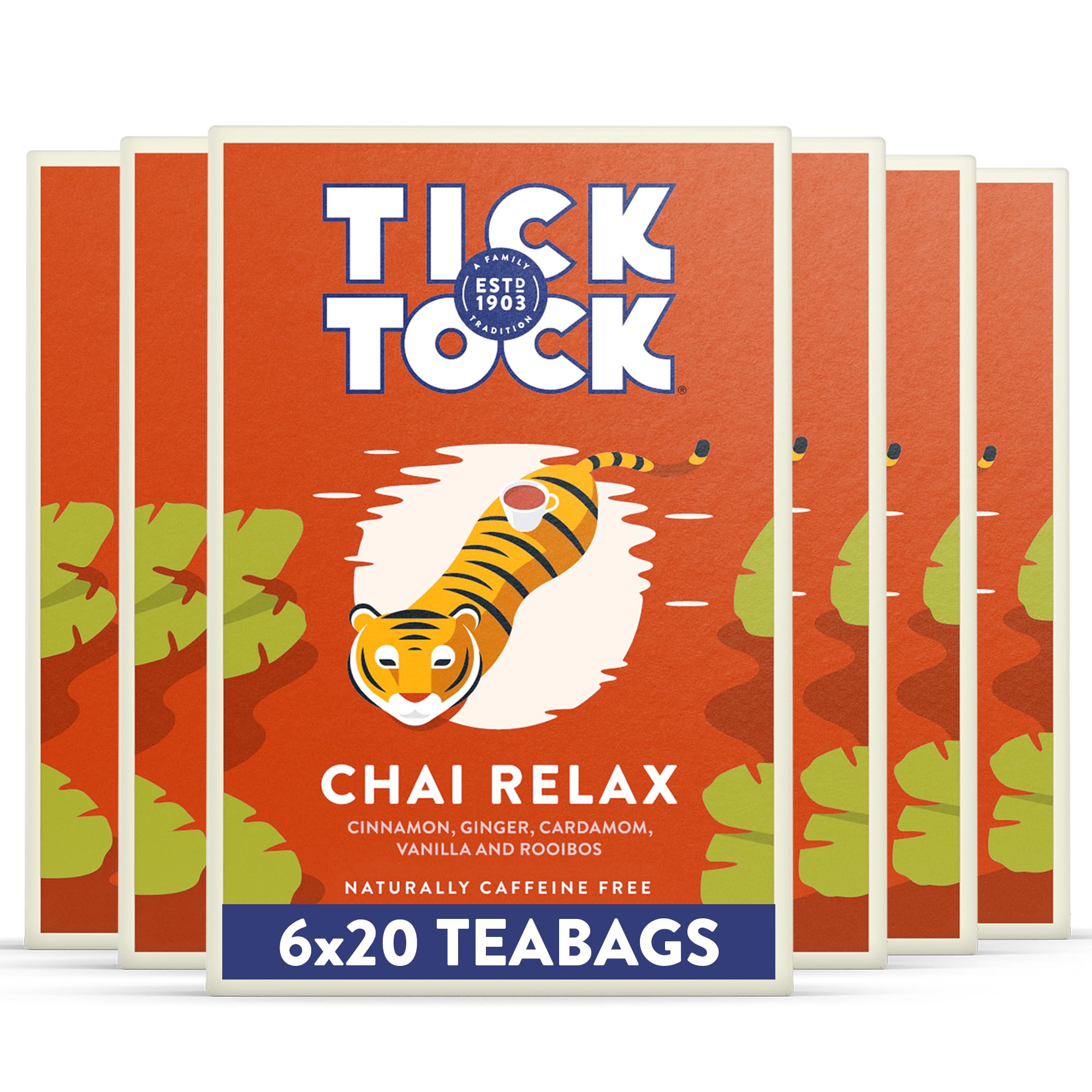 Wellbeing Relax Chai Tea 6 x 20 (120 Teabags), Caffeine-Free Rooibos Tea Bags with Cinnamon, Ginger, Cardamom & Vanilla
