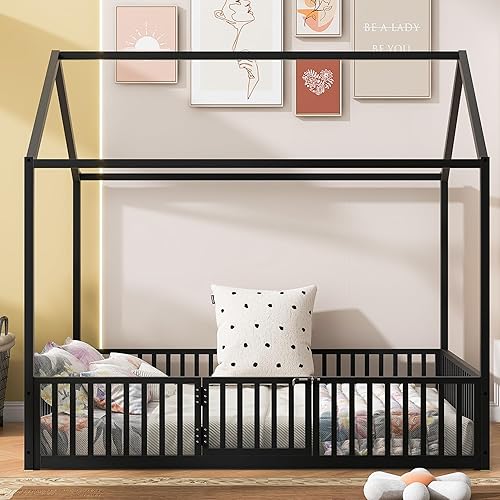Miniatura 139 de Cama de metal de tamaño individual con valla para niños, adolescentes, niñas, niños, cama de piso de casa, camas Montessori, se puede decorar marco