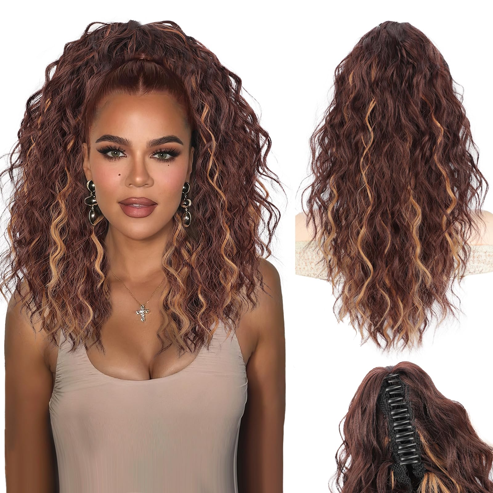 Photo 1 of Stamped Glorious Ponytail Extension 18" Curly Wavy Pony Tail Claw Multi Layered Clip on Ponytail Extension Fluffy Natural Looking Synthetic Hair Piece for Women(Brown with Blonde Highlights)