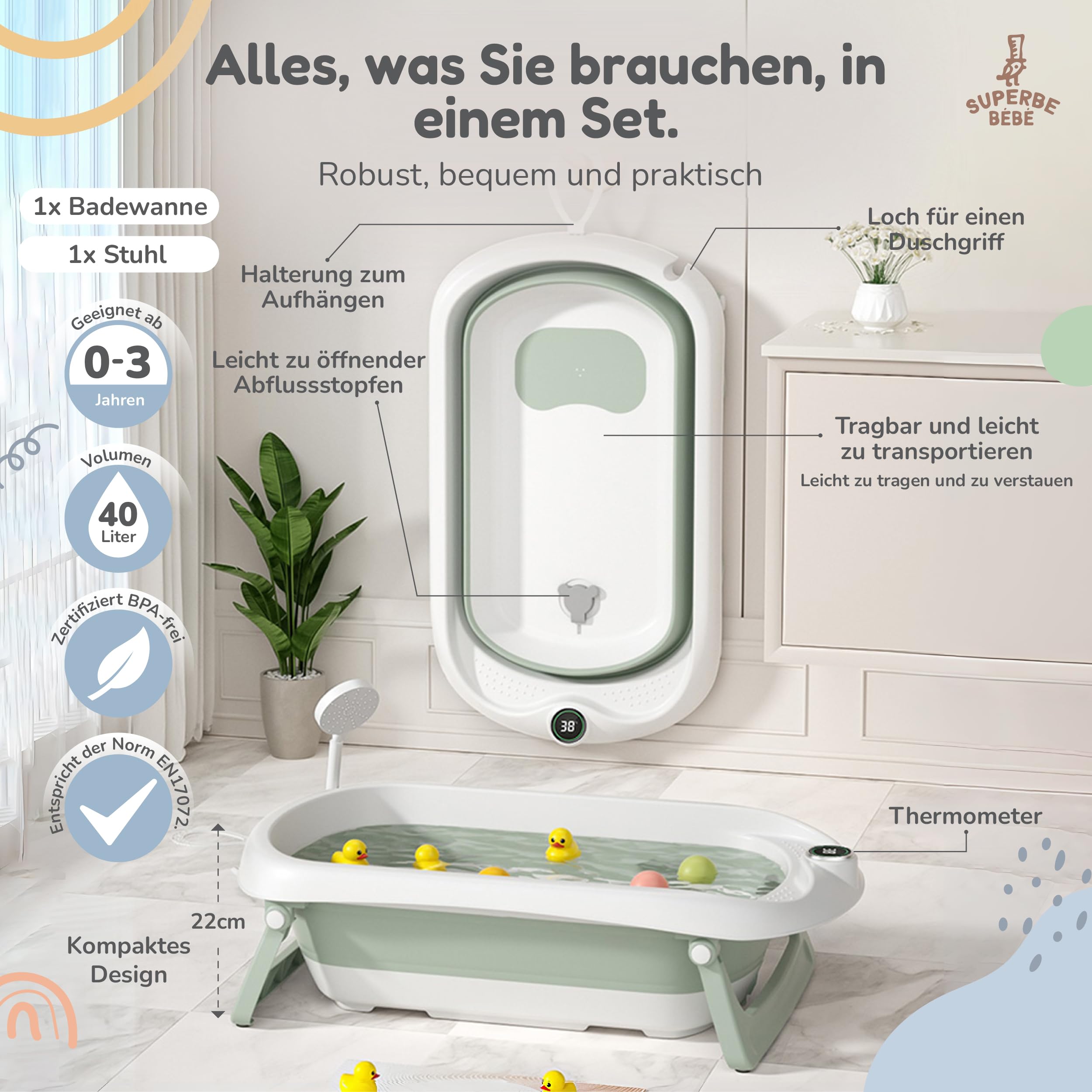 Faltbar Baby Badewanne Mit Rutschfestem Badewannensitz - Babywanne Xxl Mit Badethermometer - Von Der Geburt Bis 3 Jahre - Baby Bathtub - Babygeschenk - Geburtsgeschenke Für Mädchen & Jungen
