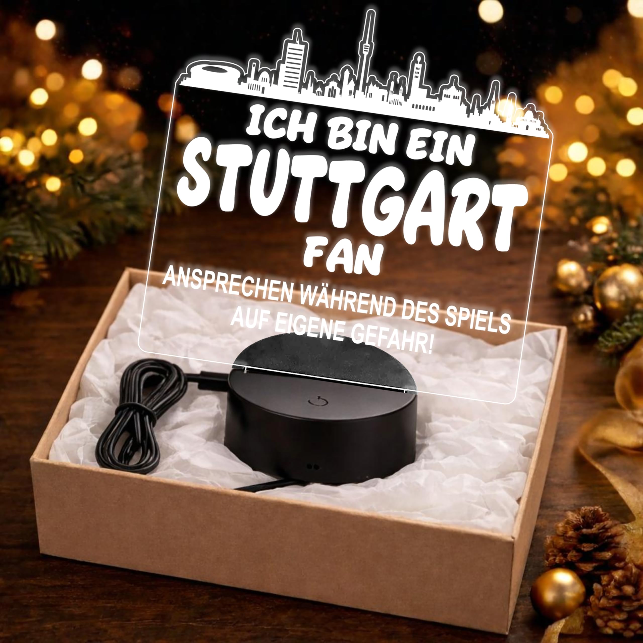 Lieblingsmensch Stuttgart Fan Fußball LED Nachtlicht – 3D Skyline Design „Ansprechen auf eigene Gefahr“ – RGB Farbwechsel mit Fernbedienung & Touch – Stimmungslicht für die Man Cave – 19x23cm