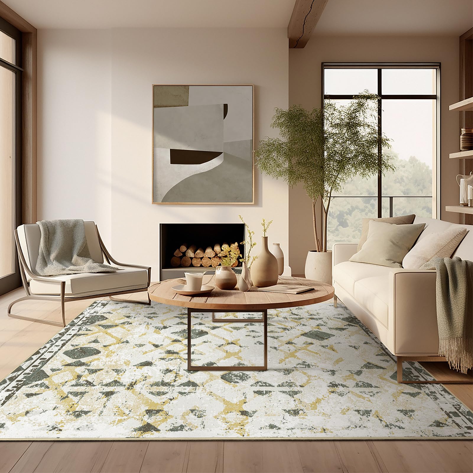 Ashler Abstract Rug, 6x9 Area Rugs, Modern Abstract Area Rug for Living Room, Bedroom, Kitchen Dining Room, Office, Yellow/Green Home Decor, Non-Slip & Machine Washable Rugs, Carpet Decoration