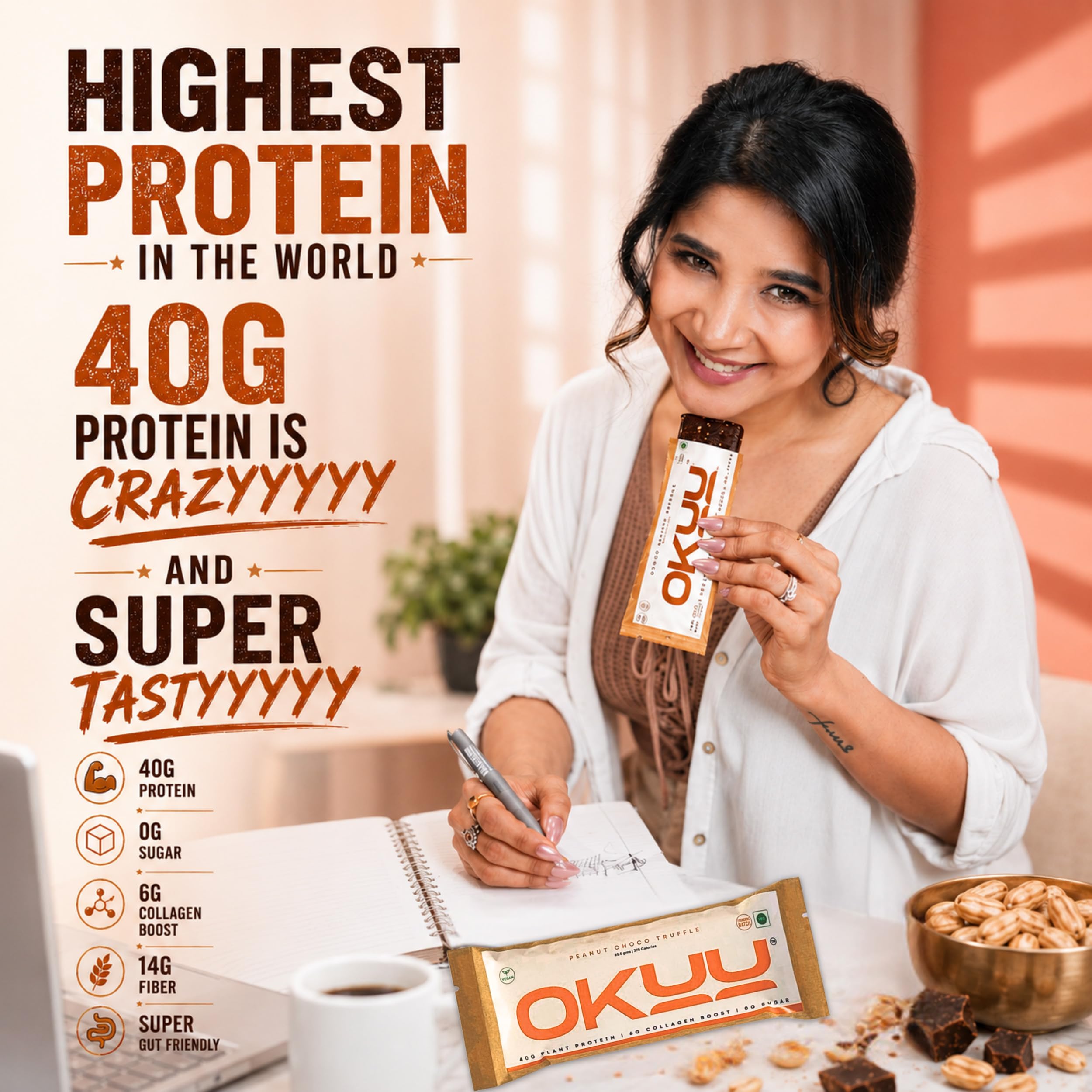 OKUU Peanut Choco Truffle 40 G Powerful Protein Bar | 14G Fiber, Zero Sugar & Collagen Boost Inside | Pack of 10 — Amazon image 5