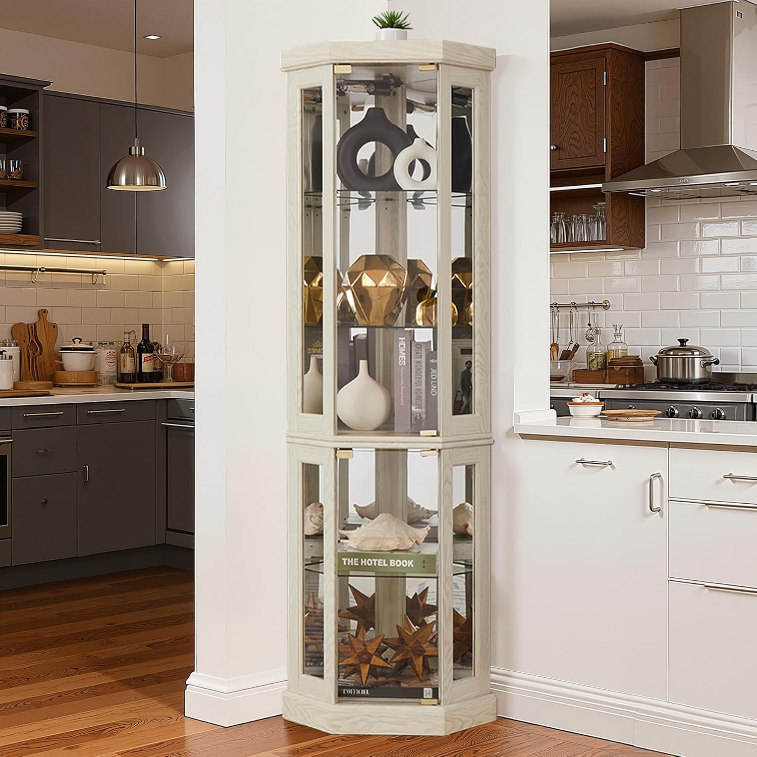 Casaphoria Corner Cabinet, Classic Curio Cabinet with Tempered Glass Doors & Adjustable Shelves for Home Decor, Space-Saving Accent Cabinet with Storage Rack for Collectibles & Liquor, (Antique White)