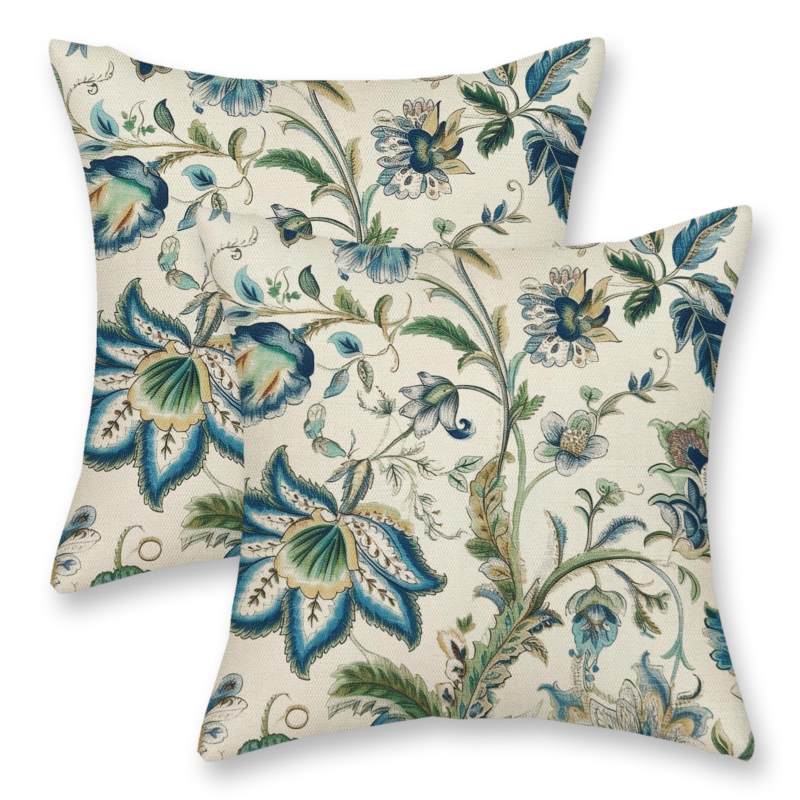 DAFENA Sage Green Blue Pillow Covers 16x16 Inch 2 Pcs Spring Chinoiserie Floral Decor Throw Pillows Boho Vintage Flower Seasonal Outdoor Decoration