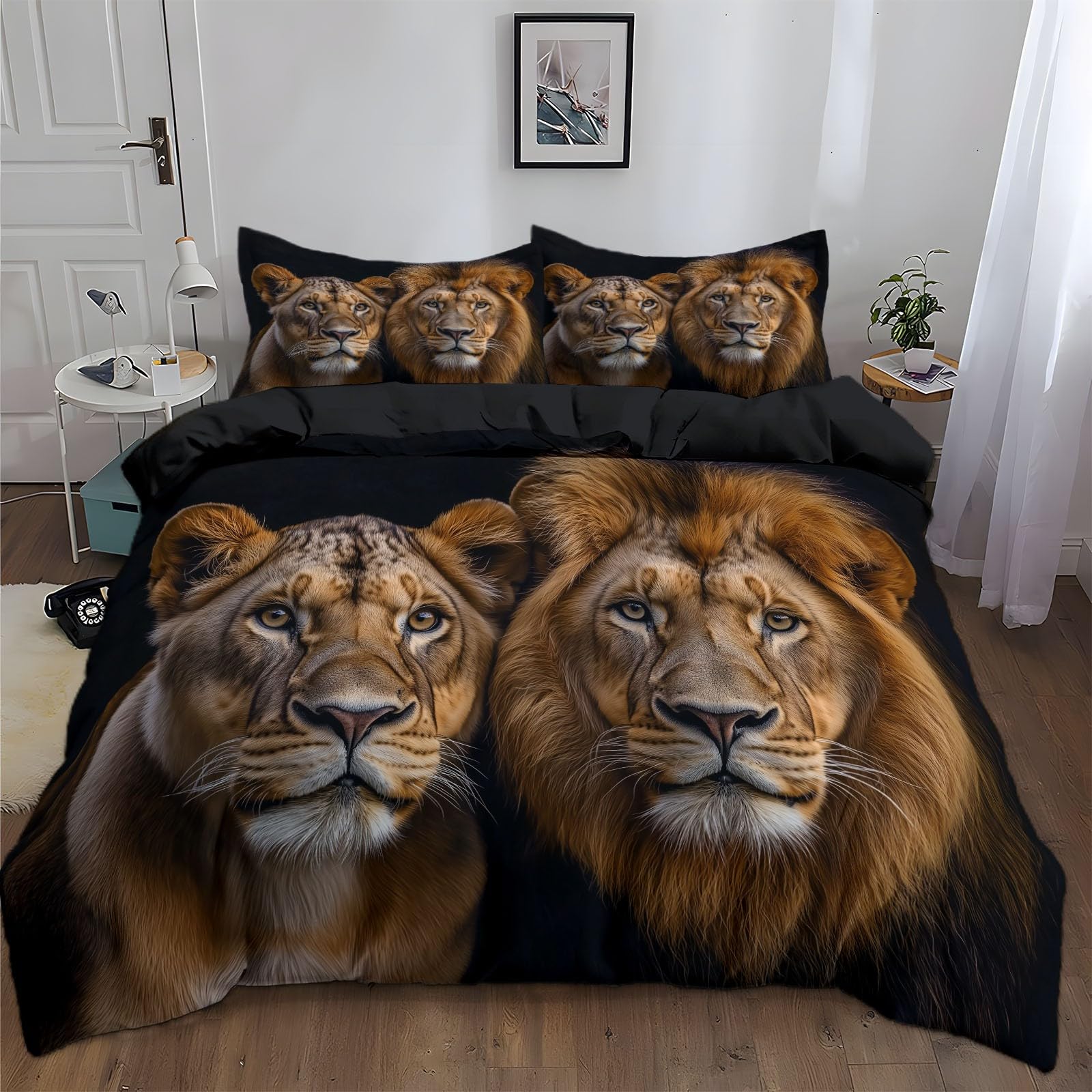 Duvet Cover King Size Animal Lion Reversible 3 Pieces Duvet Cover Set, Bedding Set for All Season, Soft and Breathable Bedding Set with Zipper Closure