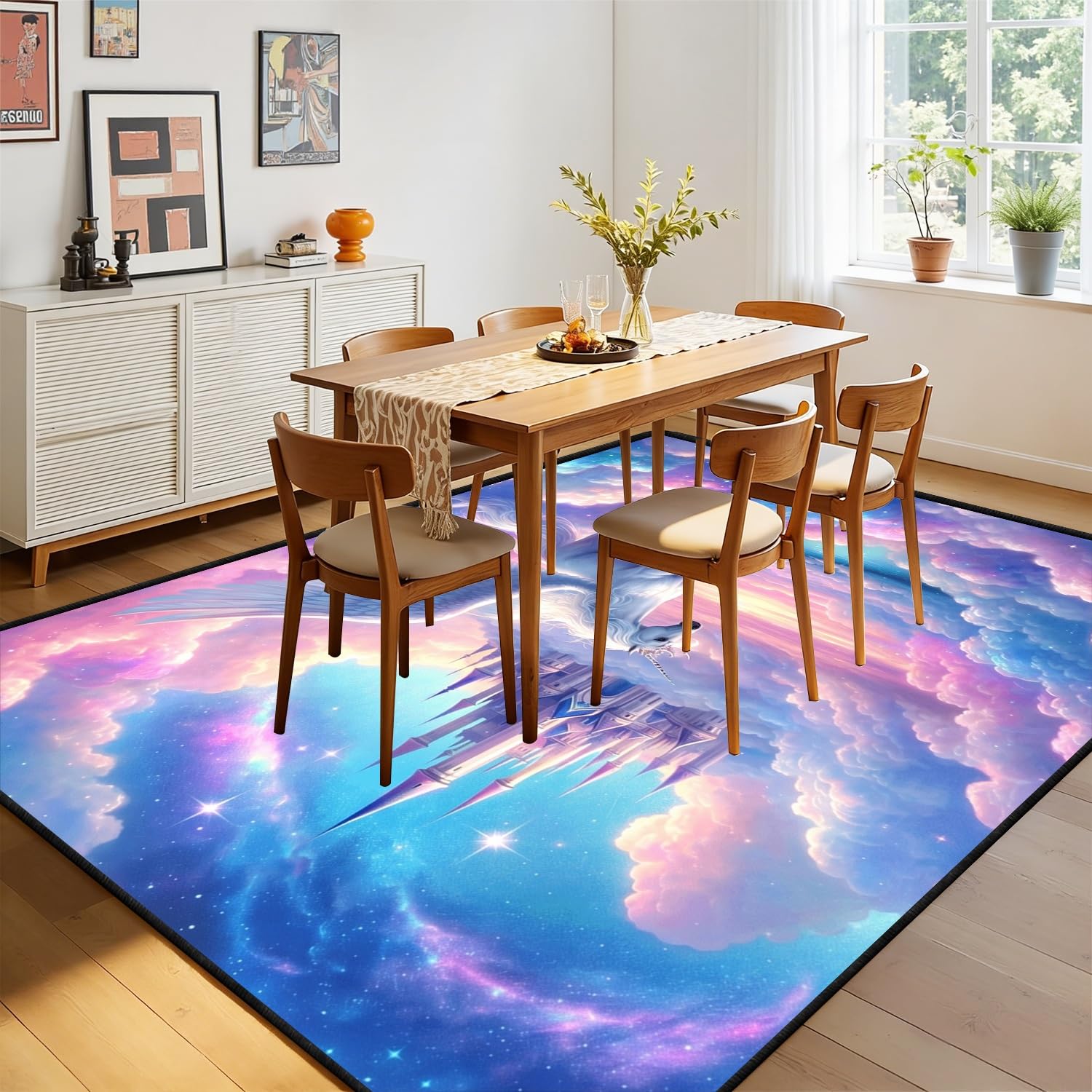Fantasie Unicorn Kinder Teppiche, 60x110cm, Verträumt Blau Rosa Wolken Magie Schloss Teppich für Mädchen, Gemütlich Weich rutschfest Klappbar Teppich für Baby Schlafzimmer Kindergarten