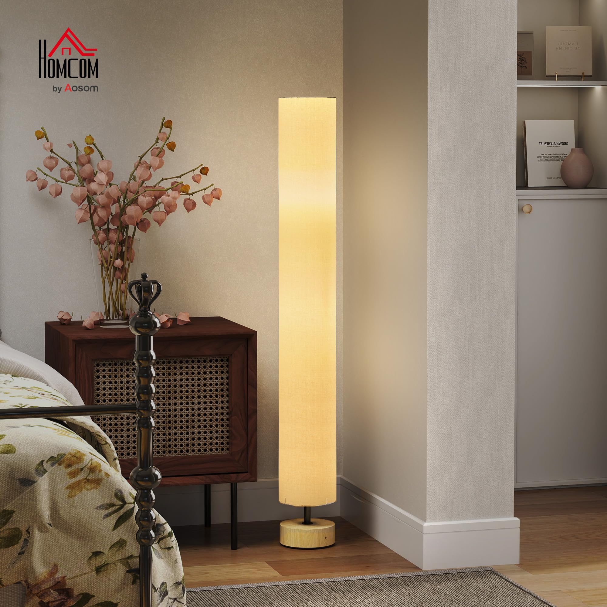 HOMCOM Lampadaire lampe sur pied de salon abat-jour en lin contemporain avec interrupteur à pied, 2 x douille E27, lampadaire salon, chambre à coucher, bureau, 120 cm, beige
