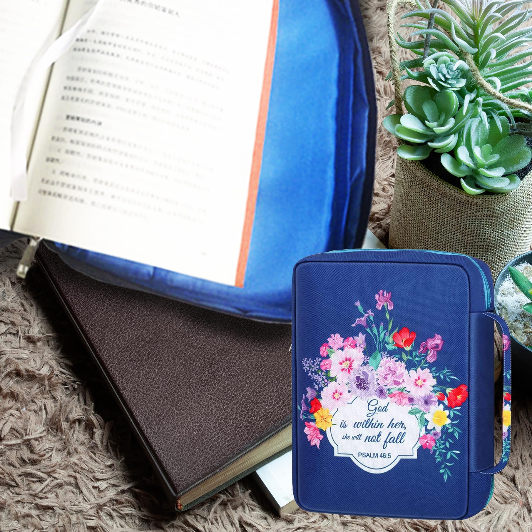 Custodia per Bibbia Donna 25,4 x 17,8 cm Oxford Tessuto Cerniera Floreale Blu
