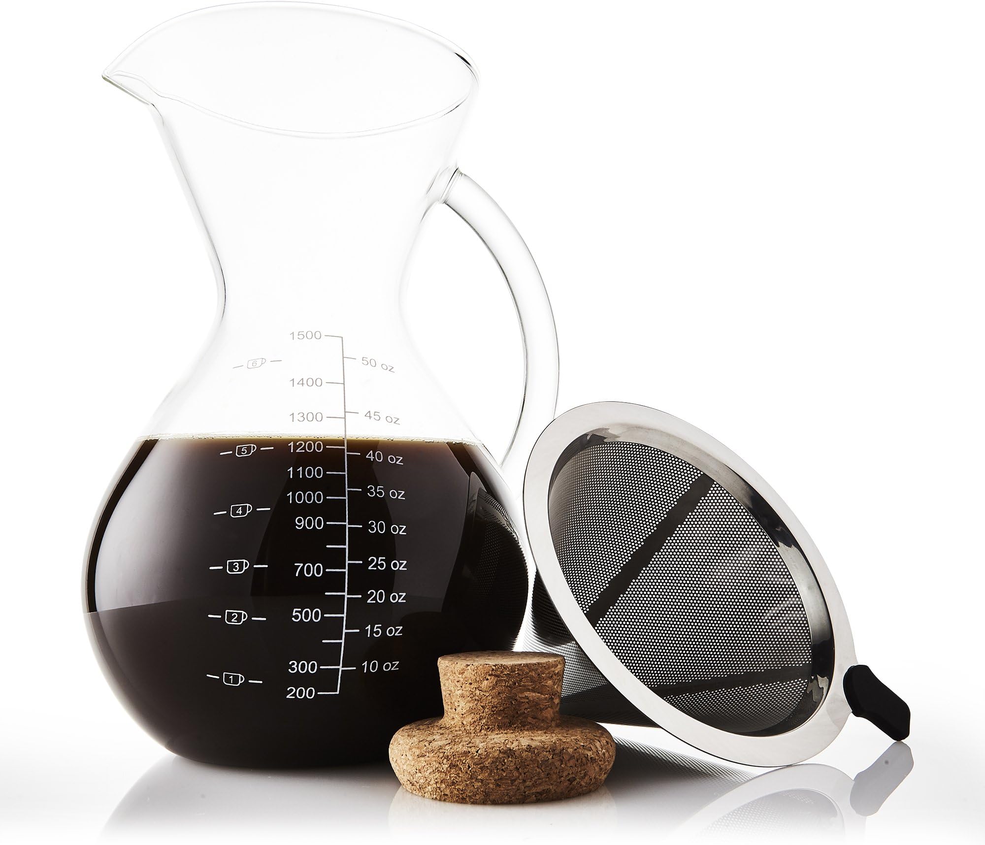 Apace Living Pour Over Coffee Maker Set w/Coffee Scoop and Cork Lid - Elegant Coffee Dripper Pot w/Glass Carafe & Permanent Stainless Steel Filter (1500 ml / 51 oz)