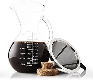 Cafetera De Goteo Pour Over Filtro, Tapón De Corcho Y Cuchara Medidora - Elegante Cafetera Manual Con Jarra De Vidrio y Filtro De Acero Inoxidable (1500 ML)0