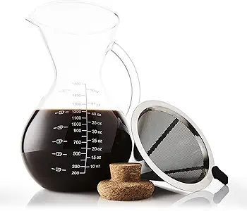 Cafetera De Goteo Pour Over Filtro, Tapón De Corcho Y Cuchara Medidora - Elegante Cafetera Manual Con Jarra De Vidrio y Filtro De Acero Inoxidable (1500 ML)