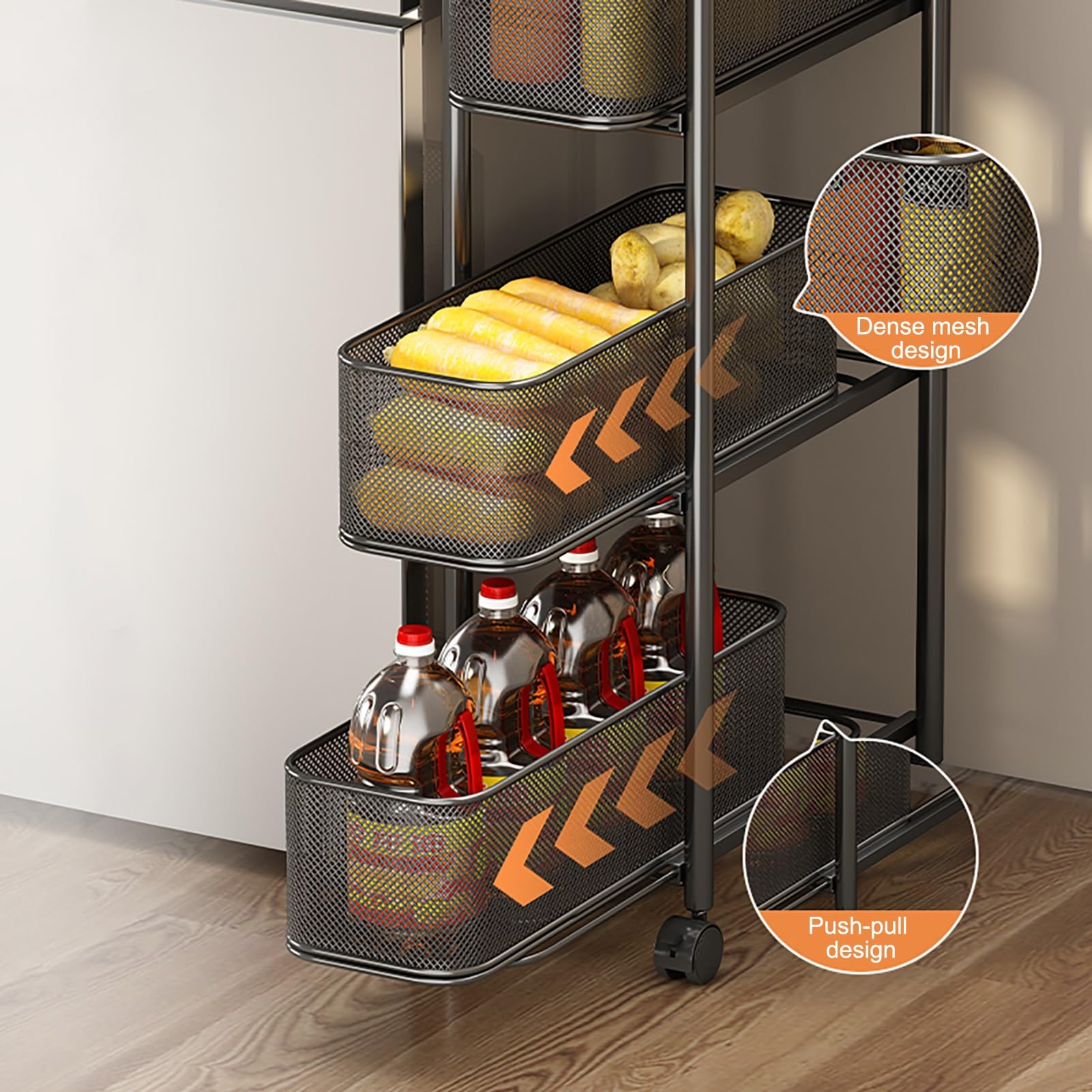 4-stöckiger hoher schmaler Aufbewahrungsschrank mit beweglichen Rädern, ausziehbarer Heim-Organizer, mobiles Regal, ausziehbar, ideal für Badezimmer, Küche, Wäsche, Aufbewahrung, Organisation