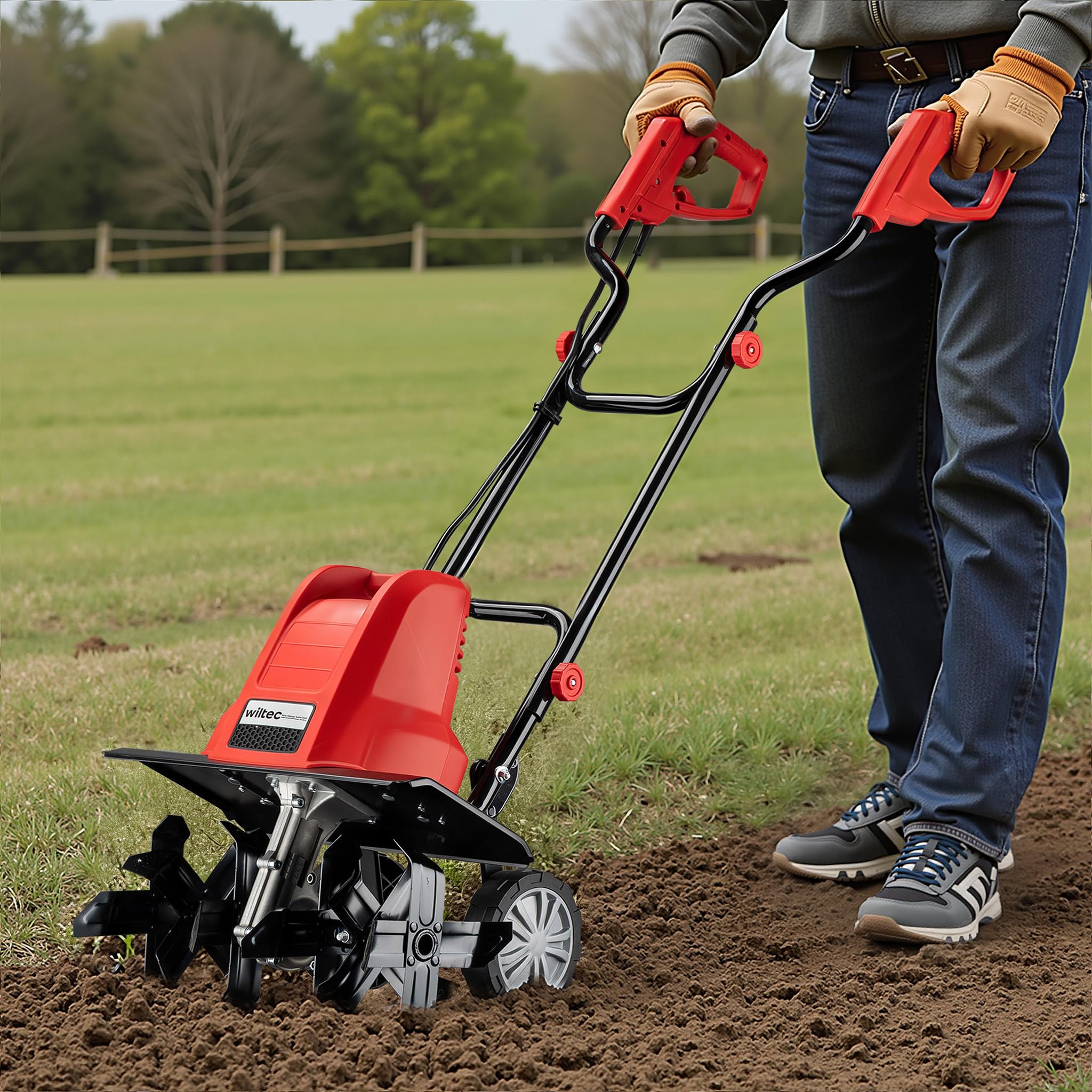 Wiltec Elektro Gartenhacke 1500 W mit 400 U/min, elektrische Gartenfräse mit 220 mm Arbeitstiefe, Motorhacke mit 24 Klingen, Bodenfräse auf Rädern