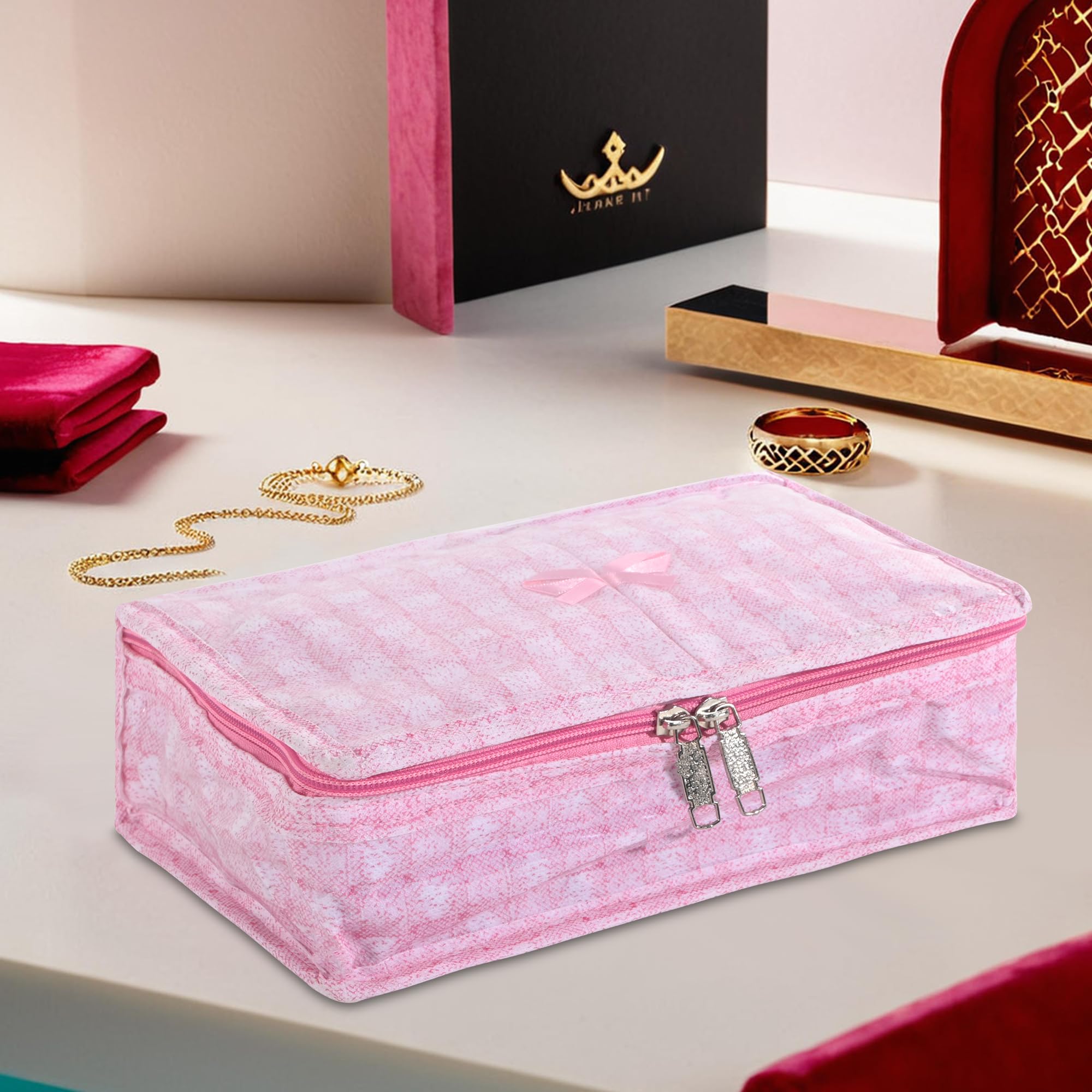 Kuber Industries PVC Makeup Pouch Bag with 6 Compartments | Jewellery Organisers Pouch for Storage Earrings, Rings and Bracelets | Check Laminated Design - Pink