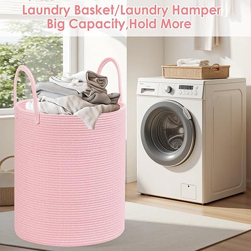 Miniatura 5 de Cesta de cuerda de algodón para ropa sucia para niñas y niños, cesta para cuarto de bebé, cesta tejida para manta para sala de estar, bonita cesta