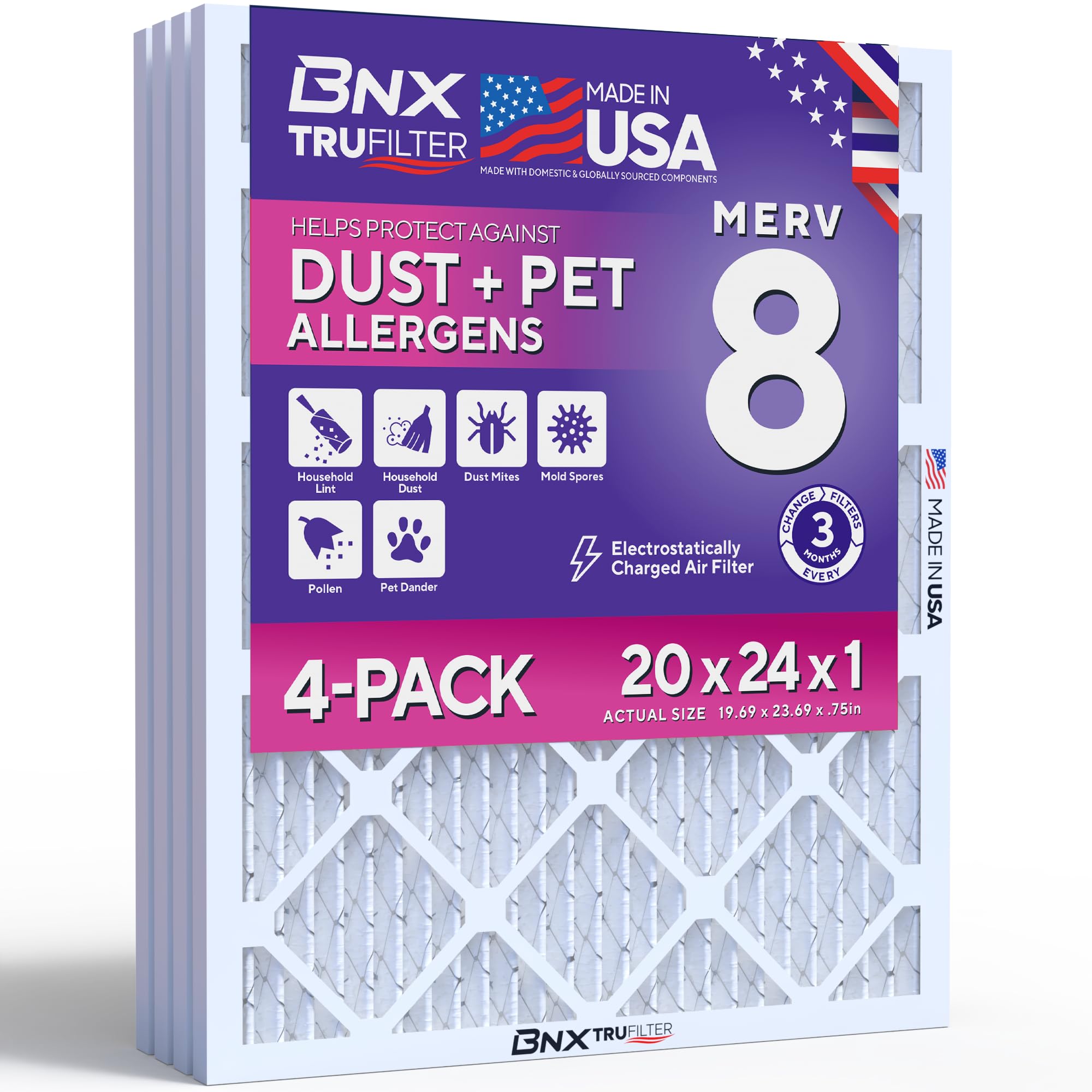 BNX TruFilter 20x24x1 Air Filter MERV 8 (4-Pack) - MADE IN USA – Dust &amp; Pet Defense Electrostatic Pleated Air Conditioner HVAC AC Furnace Filters for Dust, Pet, Mold, Pollen MPR 600 – 700 &amp; FPR 5