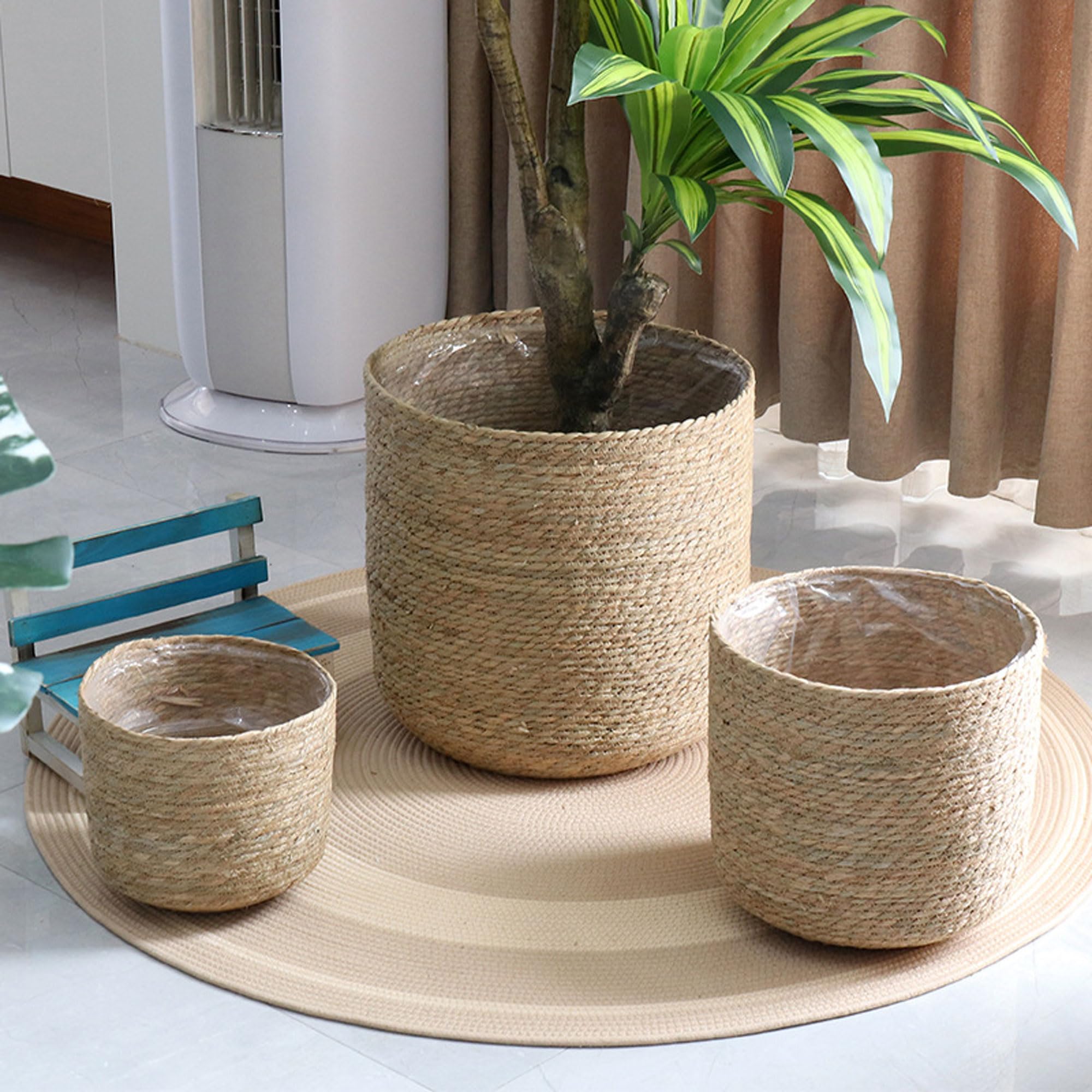 1 Panier Tressé en Jonc, Pot Plante Naturel Boho avec Anses, Panier Rond Décoratif en Osier pour Plantes Intérieur et Extérieur, Déco Arbres Maison(Size:Grand)